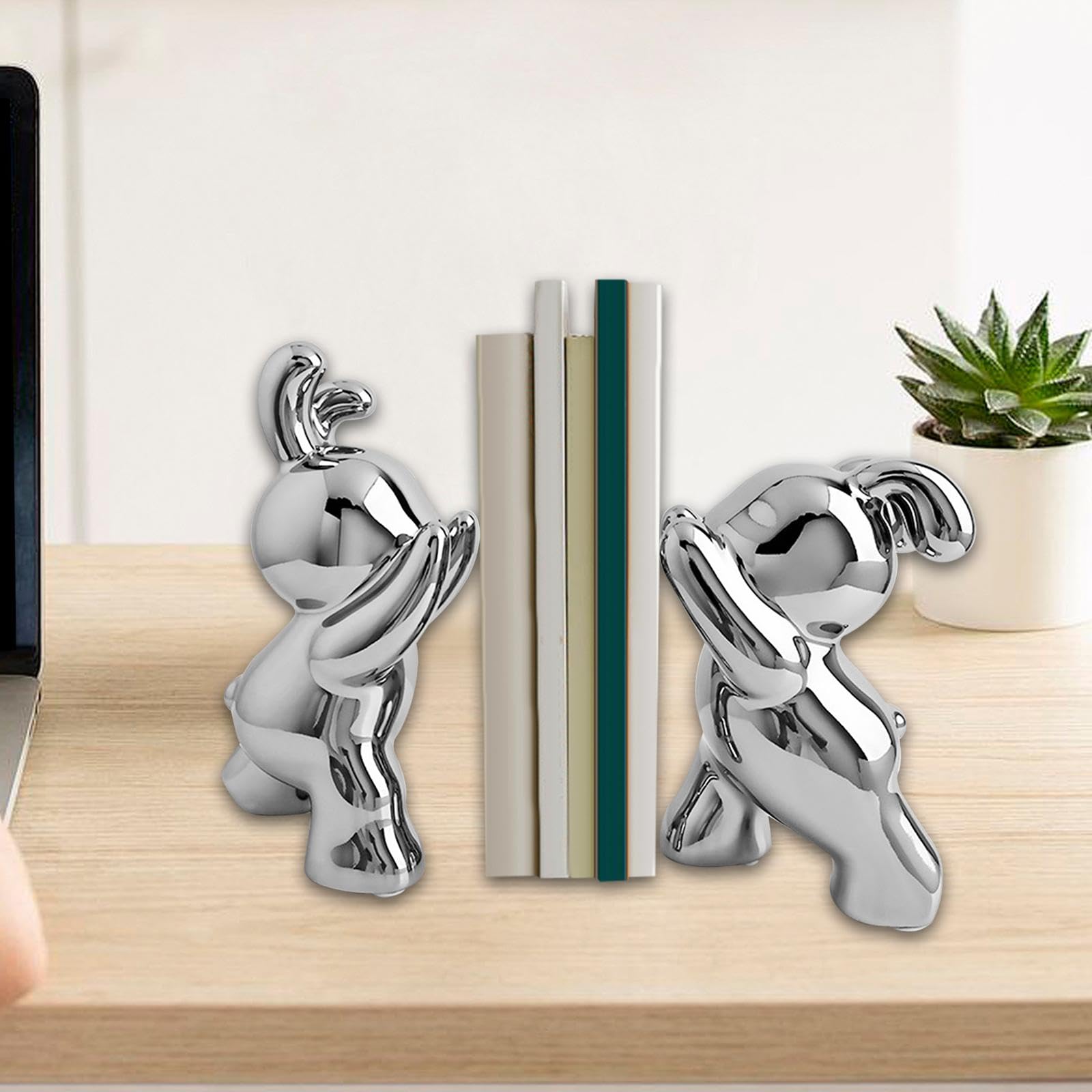 2 Stück Buchstützen Kaninchen Skulpturen Buchstopper Tierfiguren Kreative Regal Dekoration für Kinderzimmer Bibliothek Arbeitszimmer, Silber