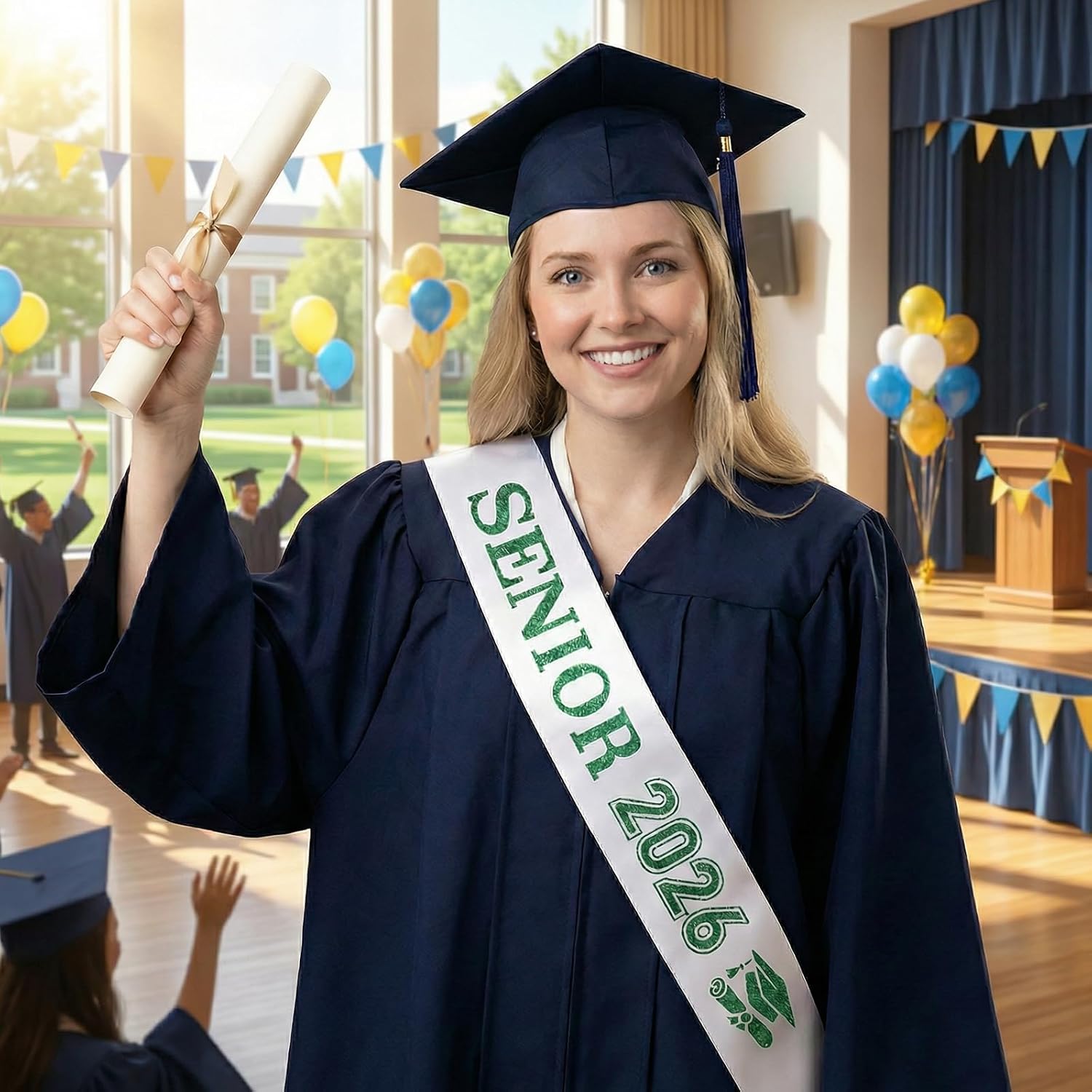 6 Pcs White Senior 2026 Sash Senior Sashes Class of 2026 Cheer with Green Glitter Printing Letters, Practical Graduation Celebrations Party Supplies Ceremony Class Decorations for Women Men