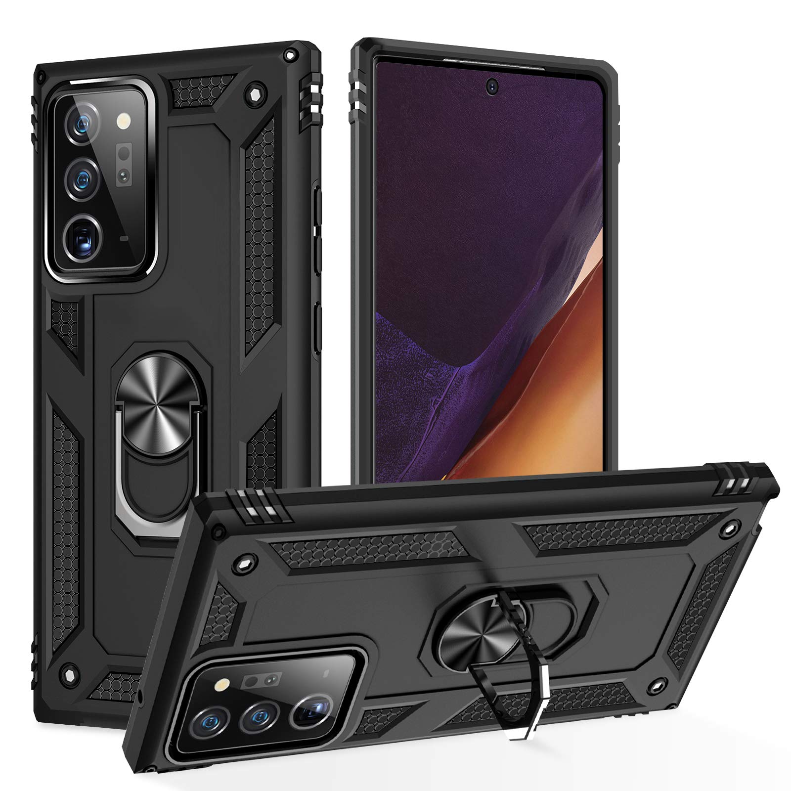 61Aanib Case for Samsung Galaxy Note 20 Ultra case Silicone hardcase Material Suitable for Automotive Magnet Brackets 360 Degrees Ring Bracket Phone Cover Multi-Function Protective Shell (Black)