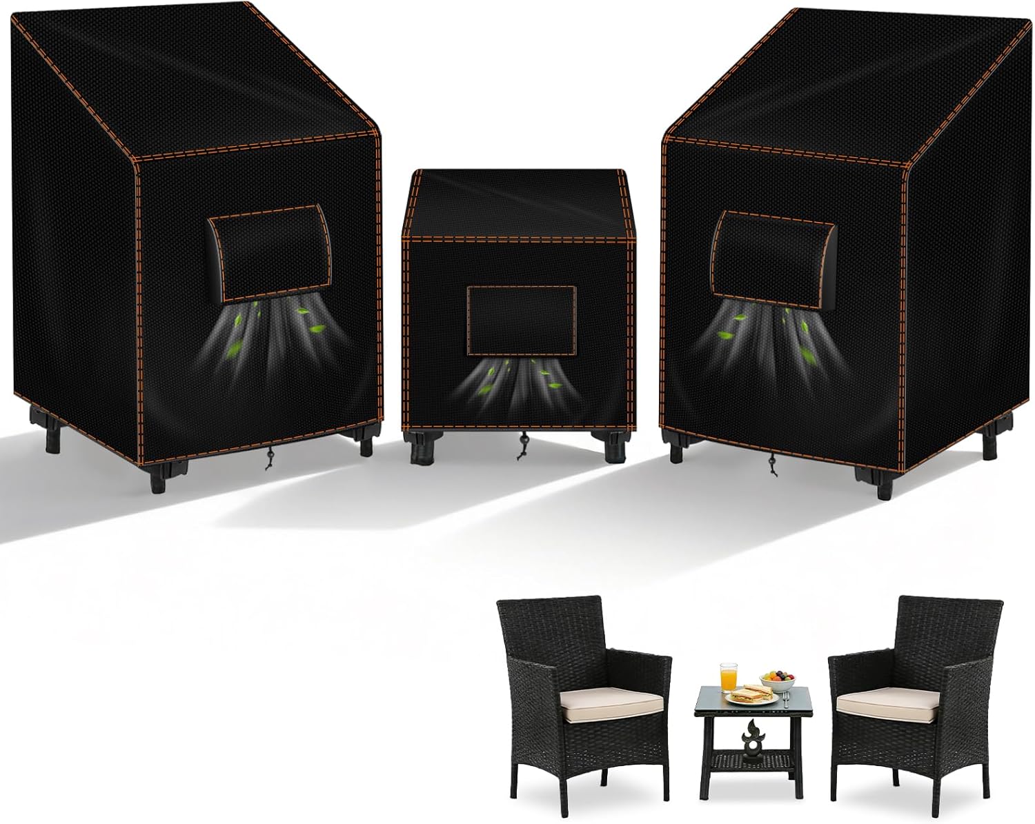 3 PCS Outdoor Furniture Covers, 28"W x 31"D x 32"H Patio Chair Covers 420D Waterproof, Fit Patio Furniture Outdoor Bistro Set for 2 Chairs and Side Table 21"W x 21"D x 21"H, Black
