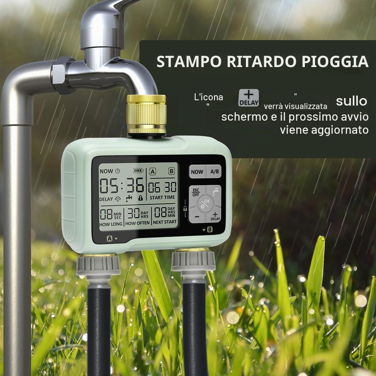 Johgee Centralina di irrigazione a 2 uscite, con ingresso e uscita in ottone, orologio digitale per irrigazione con display LCD, controllo automatico/manuale, timer, per giardino