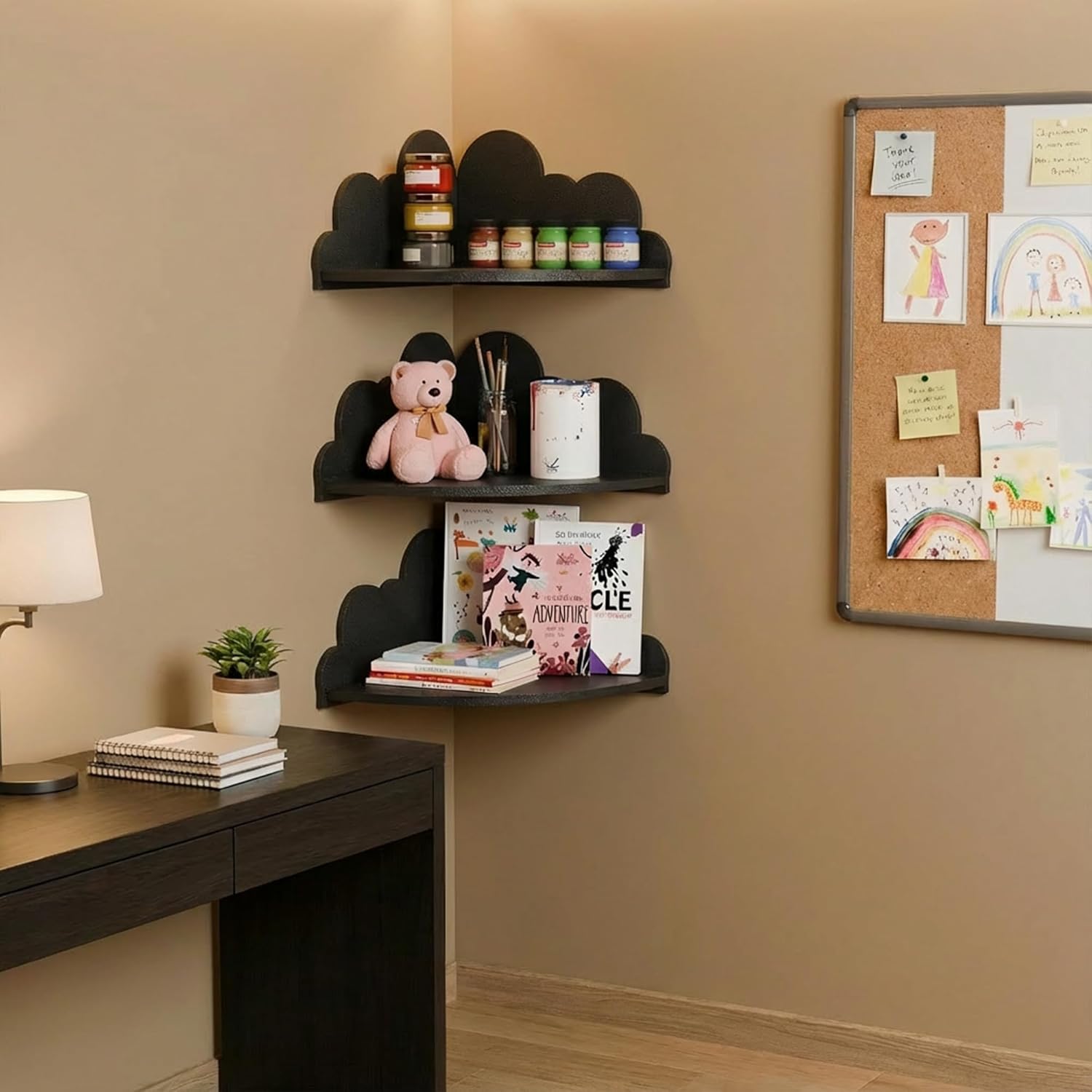 Black Cloud Floating Corner Shelves - Set of 3 Cloud Corner Wall Shelves for Kid’s Room, Black Floating Shelf Nursery Wall Deor,Small Cute Clouds Dispaly Shelf for Toys,Plants&Storage.