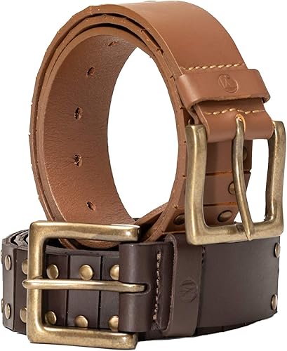 MONZA Cinturón de cuero clásico con tachuelas de latón y remache, cinturón de cintura de cuero de 1.5 pulgadas de ancho