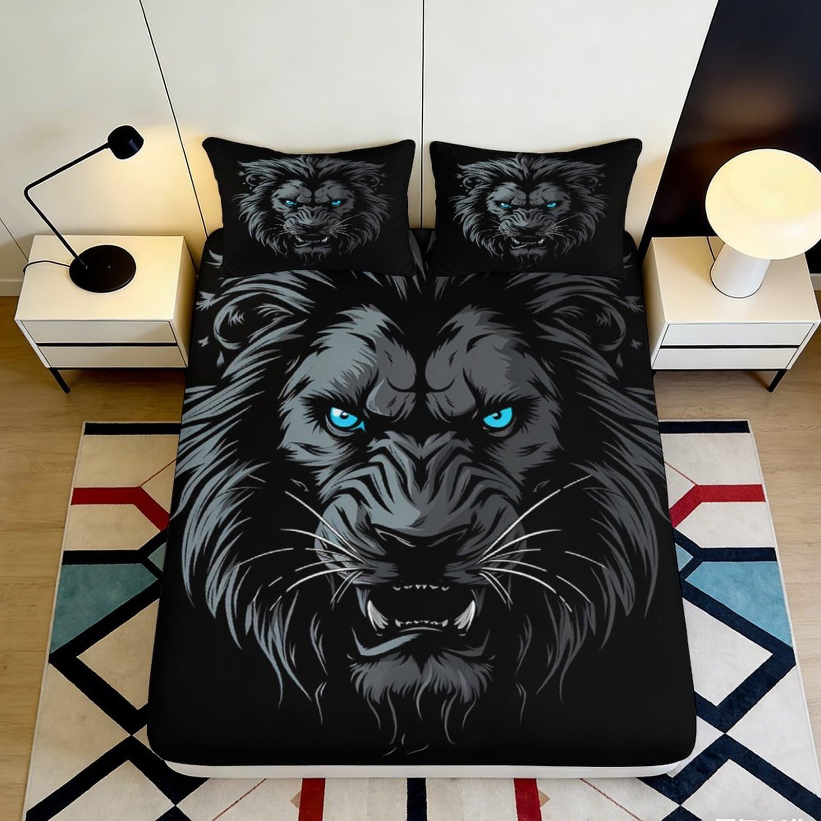 3D Printed Black Lion Fitted Sheet Microfiber Soft Breathable Blue Eyes Mattress Cover for Bedroom Dorm Decor 90x200x25cm