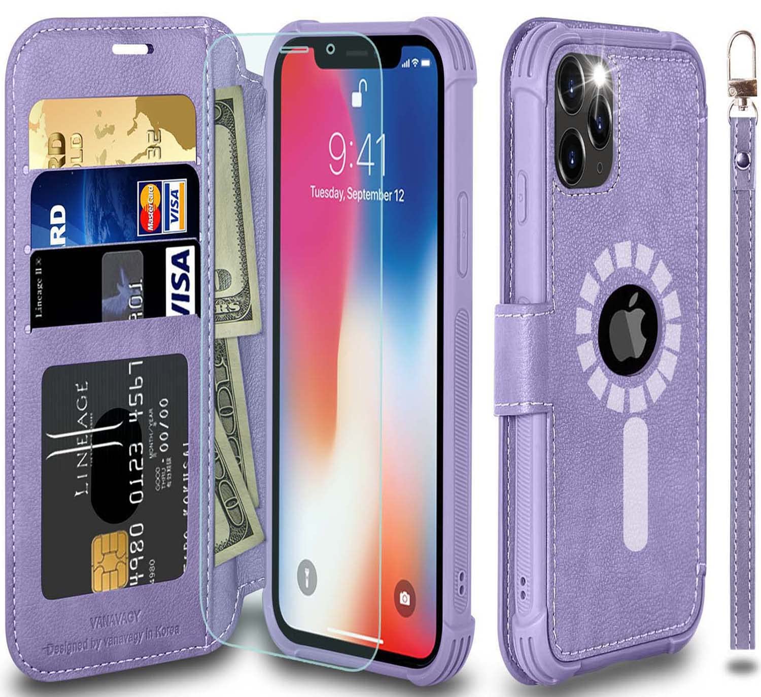VANAVAGY Compatible for iPhone 13 Pro Wallet Case for Magsafe,RFID Flip Leather Cover with Wrist Supports Wireless Charging with Card Holder and Glass Screen Protector,Clove Purple