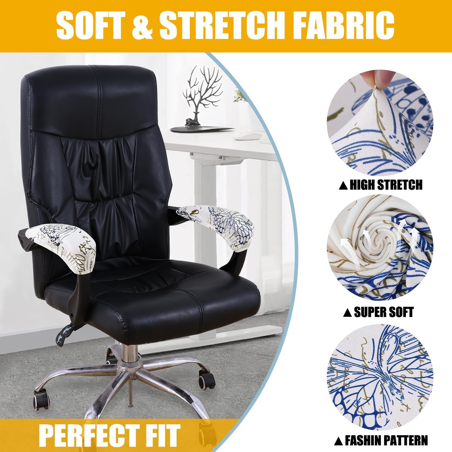 Smiry Stretch Printed Office Computer Chair Covers,2 Pcs Soft Office Chair Armrest Covers, White