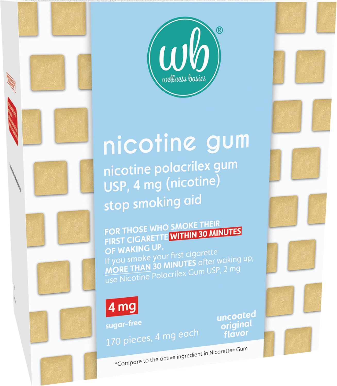 Wellness Basics Uncoated Nicotine Gum 4mg | Stop-Smoking Aid | Original Flavor | 170 Count | Reduces Withdrawal Symptoms
