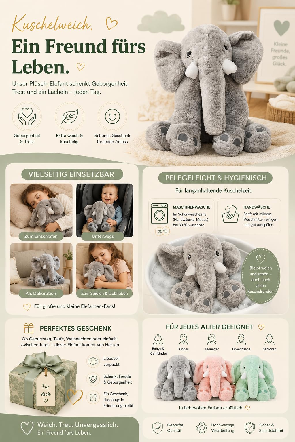 Peluche éléphant XXL – Coussin doux en peluche éléphant – Peluche mignonne en matériau doux, compagnon de sommeil et décoration (gris)