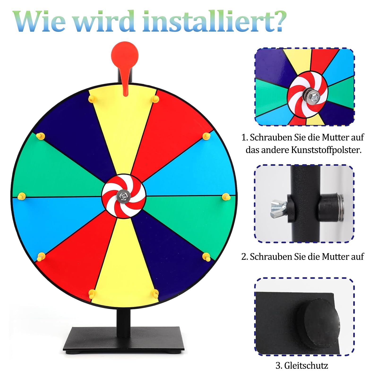 Roue de la fortune à tourner - 10 emplacements - Avec marqueur effaçable à sec et gomme - Roulette de bonheur - Avec support - Pour carnaval, foires