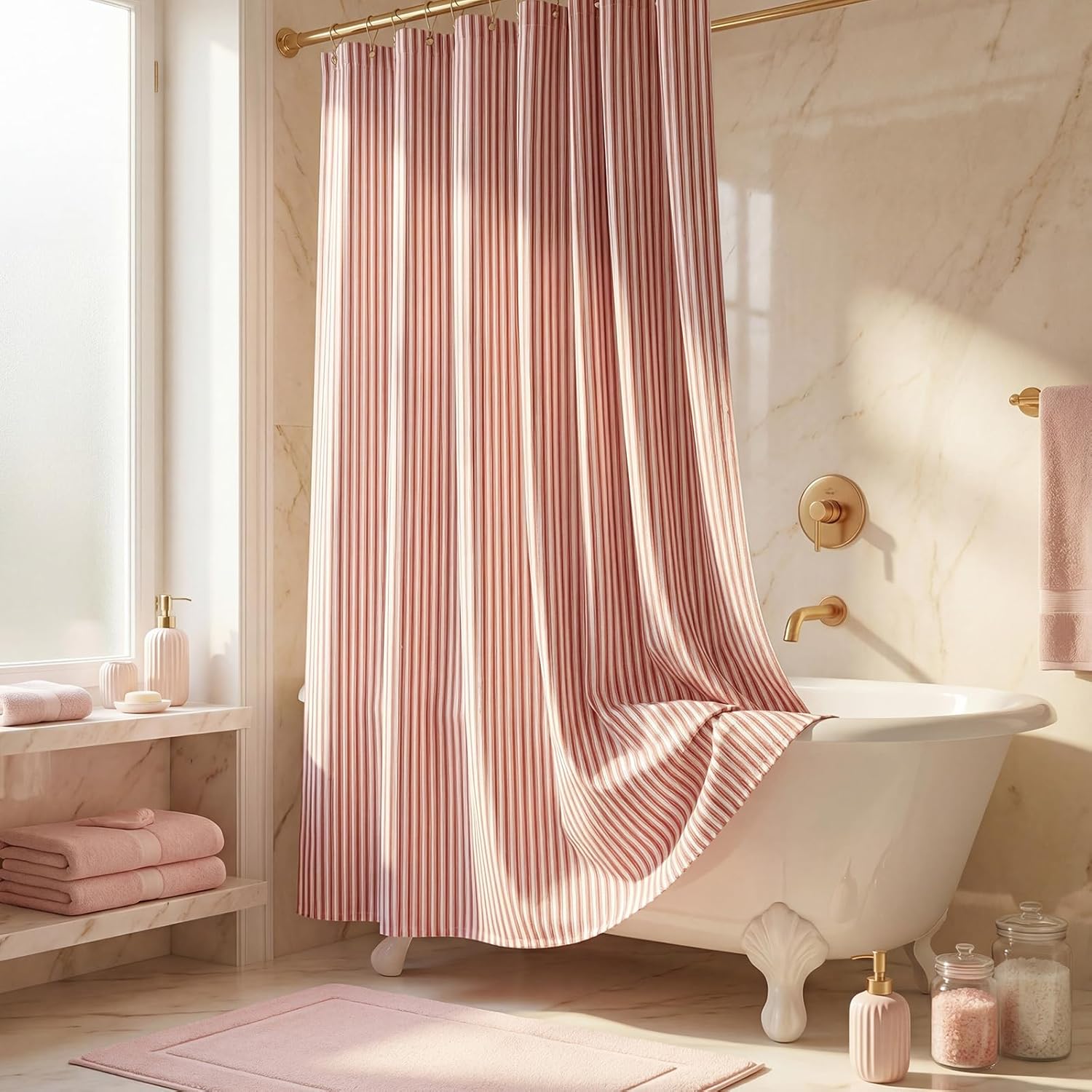Mindsoft Stripe Cotton Toile Shower Curtain Ticking Stripe Woven Print Curtain Bathroom Decor for Traditional and Contemporary Style Kitchen Bath Home (Red and White,72 x 72 Inches)
