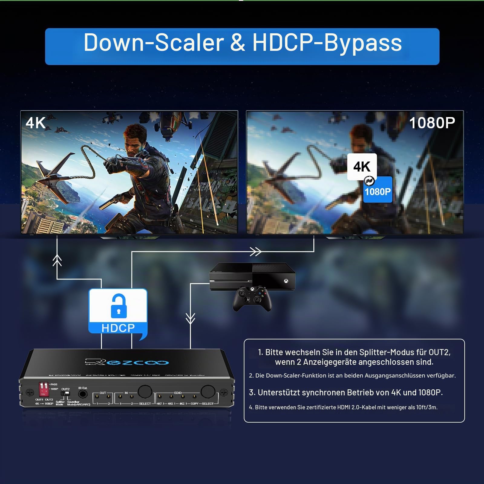 HDMI Splitter 4K 60Hz ARC/eARC for Soundbar HDMI Switch Bi-Direction 1 In 2 Out or 2 Input to 2 Output SPDIF 5.1CH Breakout D-olby Vision Atmos HDR CEC HDCP2.2 Scaler 4K 1080 for Xbox,PS5,SONOS ARC
