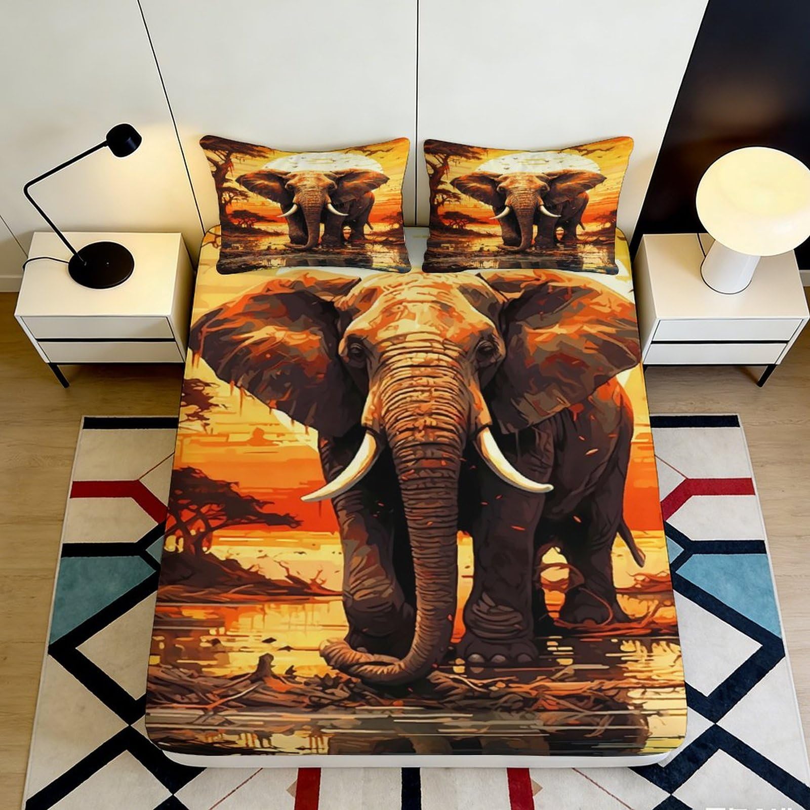 3D Printed African Elephant Fitted Sheet Microfiber Sunset Savannah Bed Cover for Bedroom Guest Room Decor 90x200x25cm