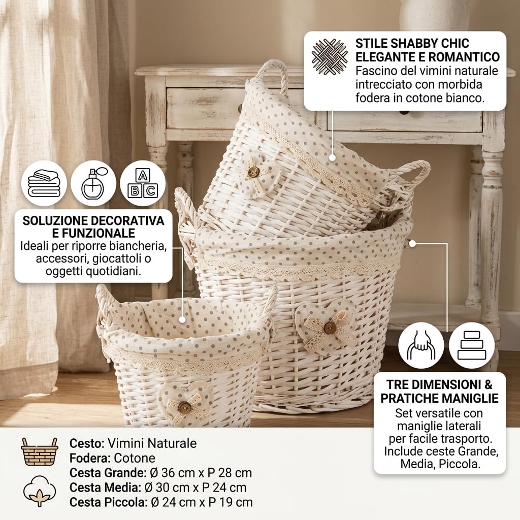 Set 3 Ceste in Vimini Naturale Foderate in Cotone Bianco Shabby Chic, Cestini Portaoggetti Intrecciati con Manici, Organizer Decorativi per Casa Soggiorno Camera da Letto Bagno