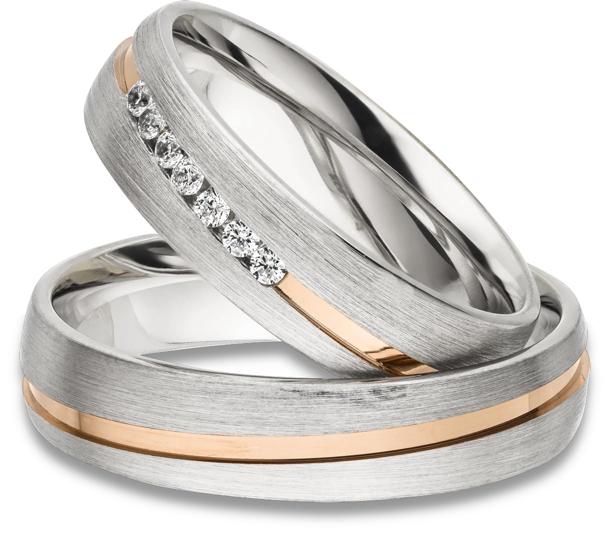Kolibri Rings 925 Silber Rot Vergoldet | Eheringe Set Paarpreis mit 7 Zirkonia Steine | Partnerringe Längsmatt | Made in Germany + Gratis Gravur & Etui
