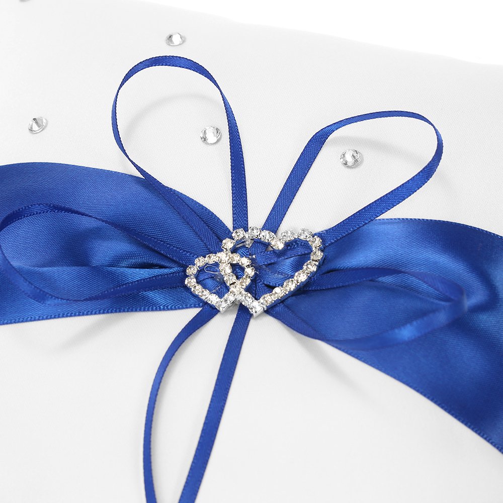 5-teiliges Set Hochzeitszubehör Doppelherz-Satin-Blumenmädchenkorb + 7 * 7 Zoll Ringträgerkissen + Gästebuch + Stifthalter + Brautstrumpfband-Set Weißes (Blau)