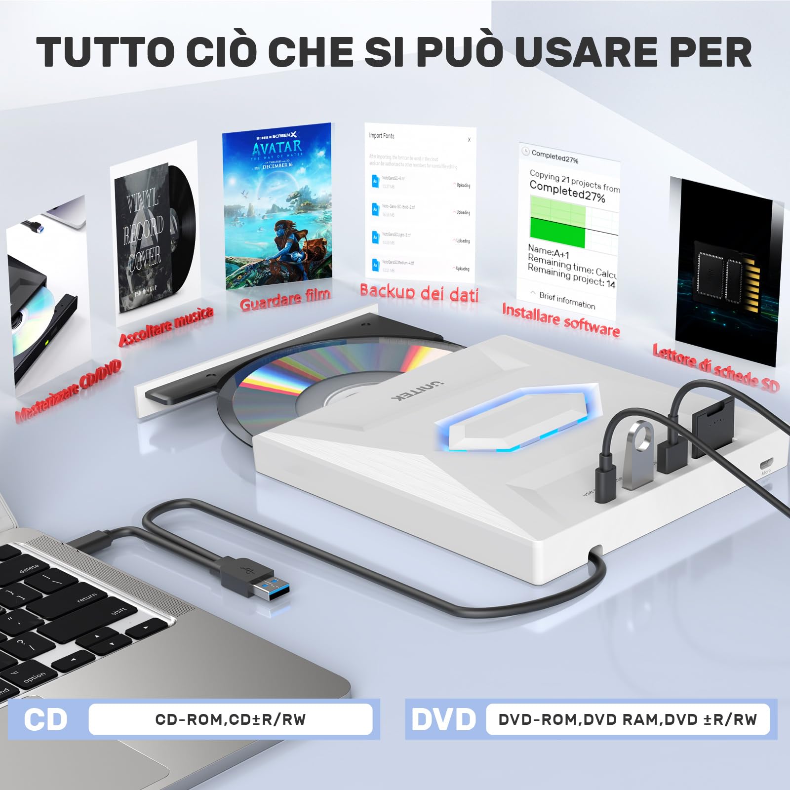 UNITEK Masterizzatore esterno USB 3.0&Type C Unità CD/DVD esterna -/+RW con slot per scheda SD per PC Laptop, Desktop, Portatile, Macbook Pro/Air per Windows 11/10/8.1/7/XP/Vista/Linux/MacOS