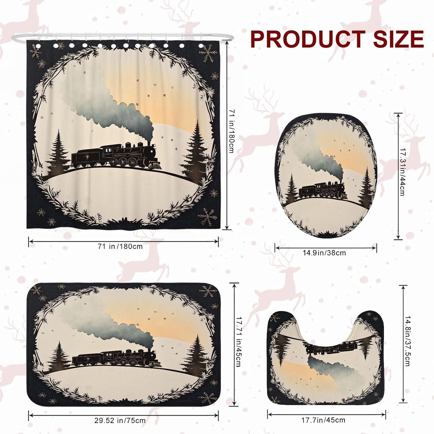 4PCS Winter Christmas Steam Train Bathroom Sets, Bath Accessory with Non-Slip Rug, U Shape Toilet Lid Cover Mat, Vintage Aesthetic Industry Xmas Bathroom Decor-72''x72''