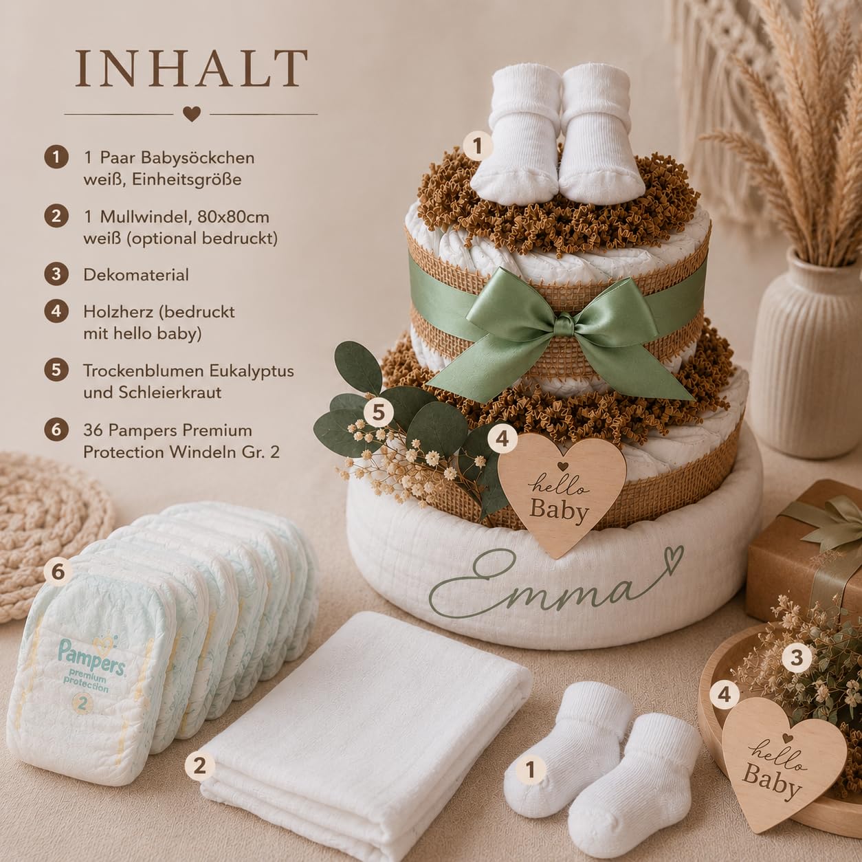 Boho Windeltorte mit Namen personalisiert, Geschenk zur Geburt, 36 Premium Protection Gr. 2, Mullwindel 80x80 cm, Babysocken, Babygeschenk Mädchen Junge Neutral