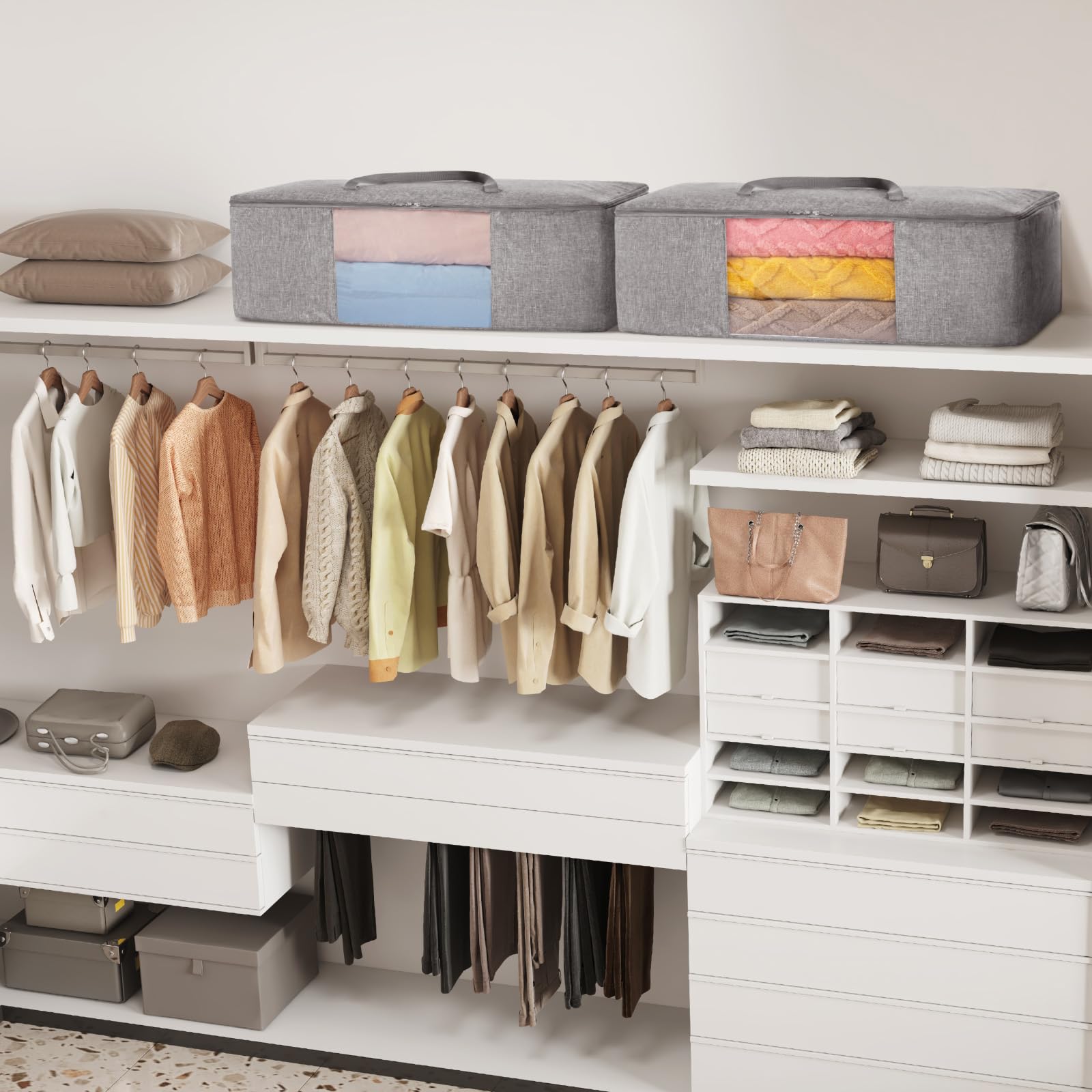 Lifewit 105L Grandes Bolsas de Almacenamiento de Ropa Cama de 4 Piezas, Cajas de Almacenaje Sabanas con Cremallera y Manijas, Organizador Edredon Cama para Armario/Dormitorio/Bajo Cama