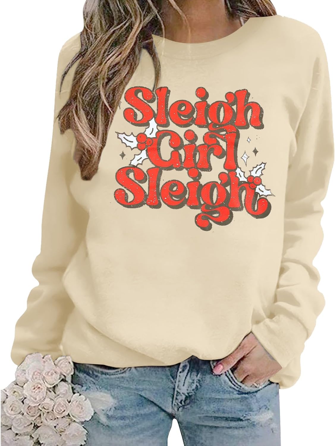 LUKYCILD Sleigh Christmas Sweatshirt Women Sleigh Girl Sweatshirt Merry Christmas Shirt Funny Xmas Long Sleeve Shirt