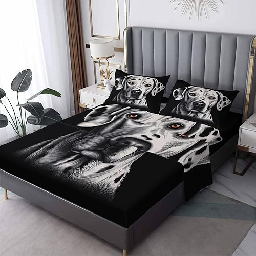 Dálmata Sábanas tamaño King, sábanas para perro, sábanas y fundas de almohada estampadas de 4 piezas, sábana bajera ajustable de microfibra suave