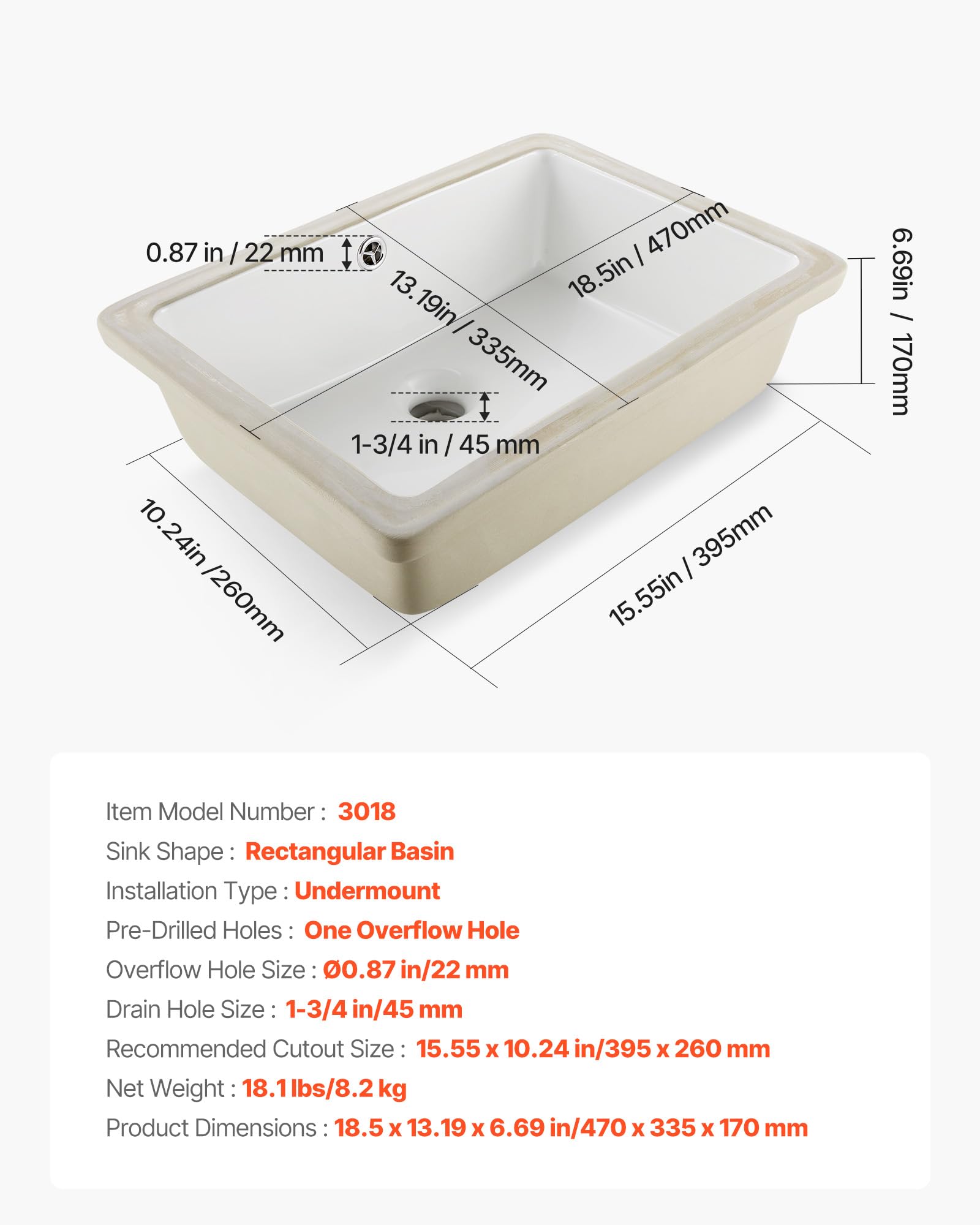 VEVOR Zlewozmywak łazienkowy pod blatem, prostokątny biały ceramiczny zlew z otworem przelewowym, pod blatem, nowoczesna toaleta, umywalka, prostokątna, mała przestrzeń