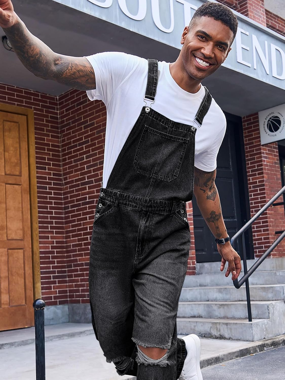 Runcati Men's Distressed Jean Denim Overall Vintage 90s Fashion Hippie Bib Ripped Jumpsuit - Image 2