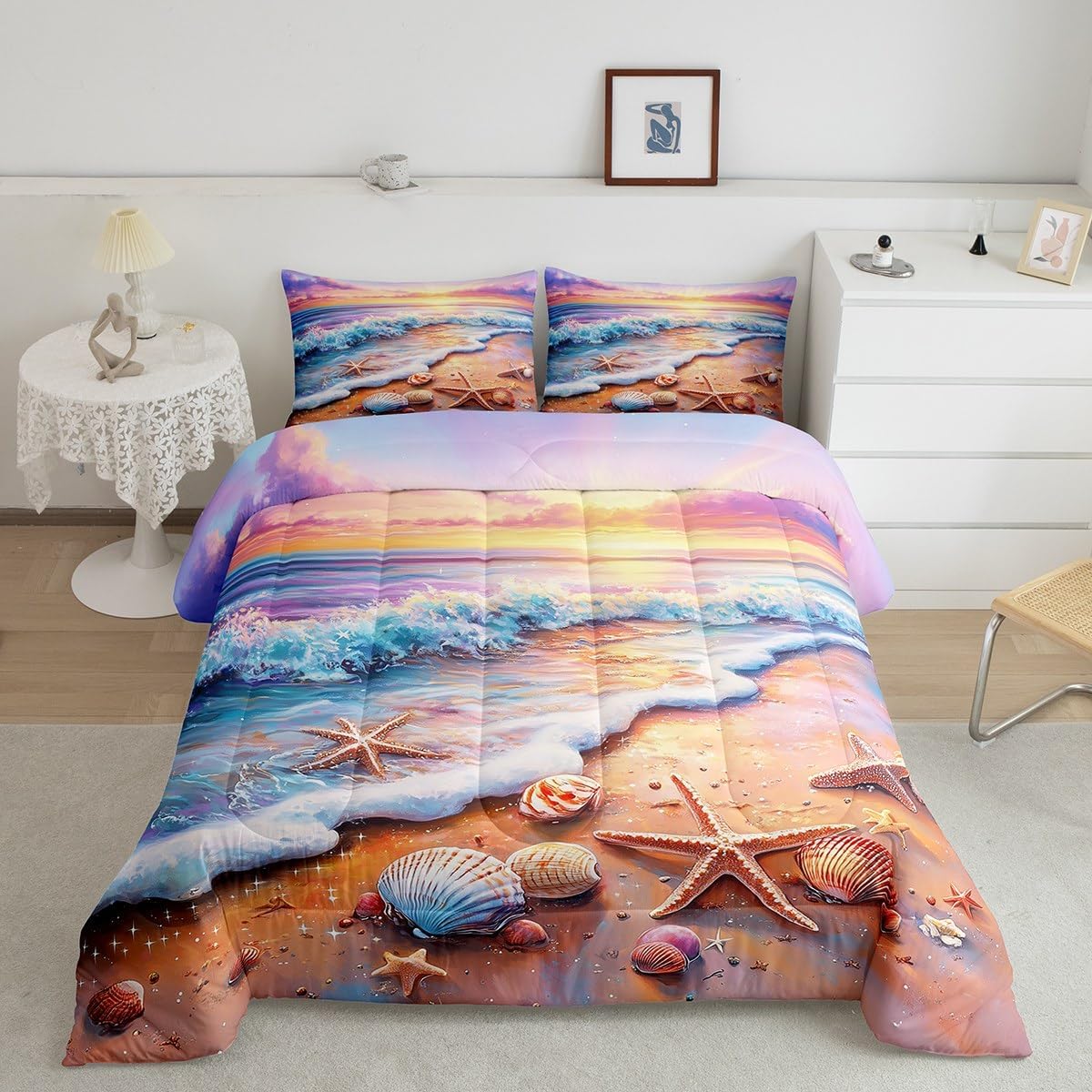 Erosebridal Beach Bedding Set King Size for Kids Teens Adults Colorful Shell Starfish Print Comforter Set Ocean Theme Comforter Coastal Sunset Home Room Decor Soft Waves Quvet Quilt