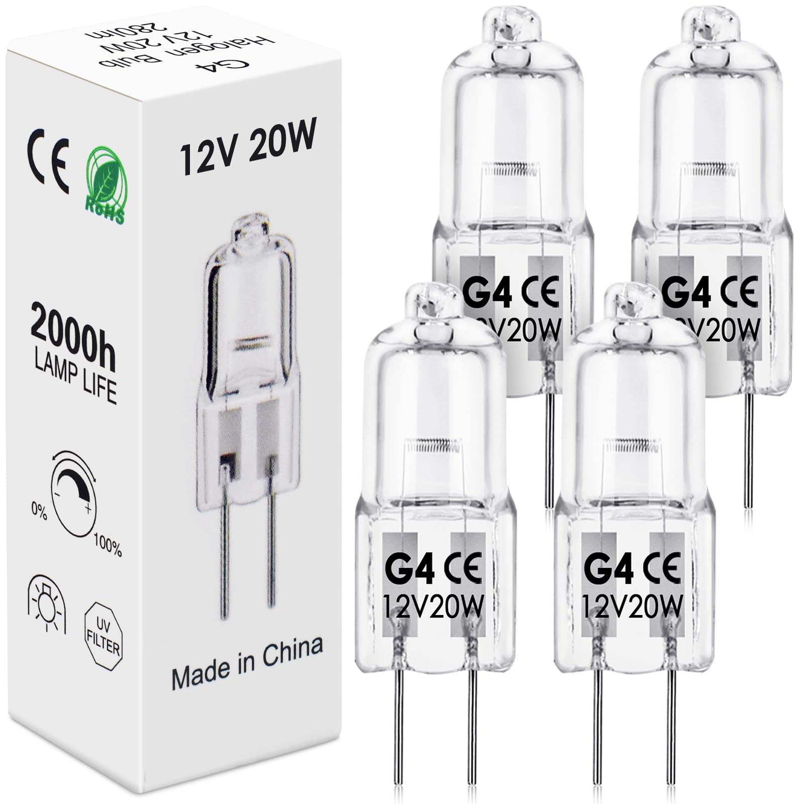 BROTOU G4 Halogenlampen, G4 Halogen Leuchtmittel 20W 12V 2800K 300LM DimmbareGlühbirnen für Backofenlampe Mikrowellen Herd Deckenleuchten (4er-12v 20w)