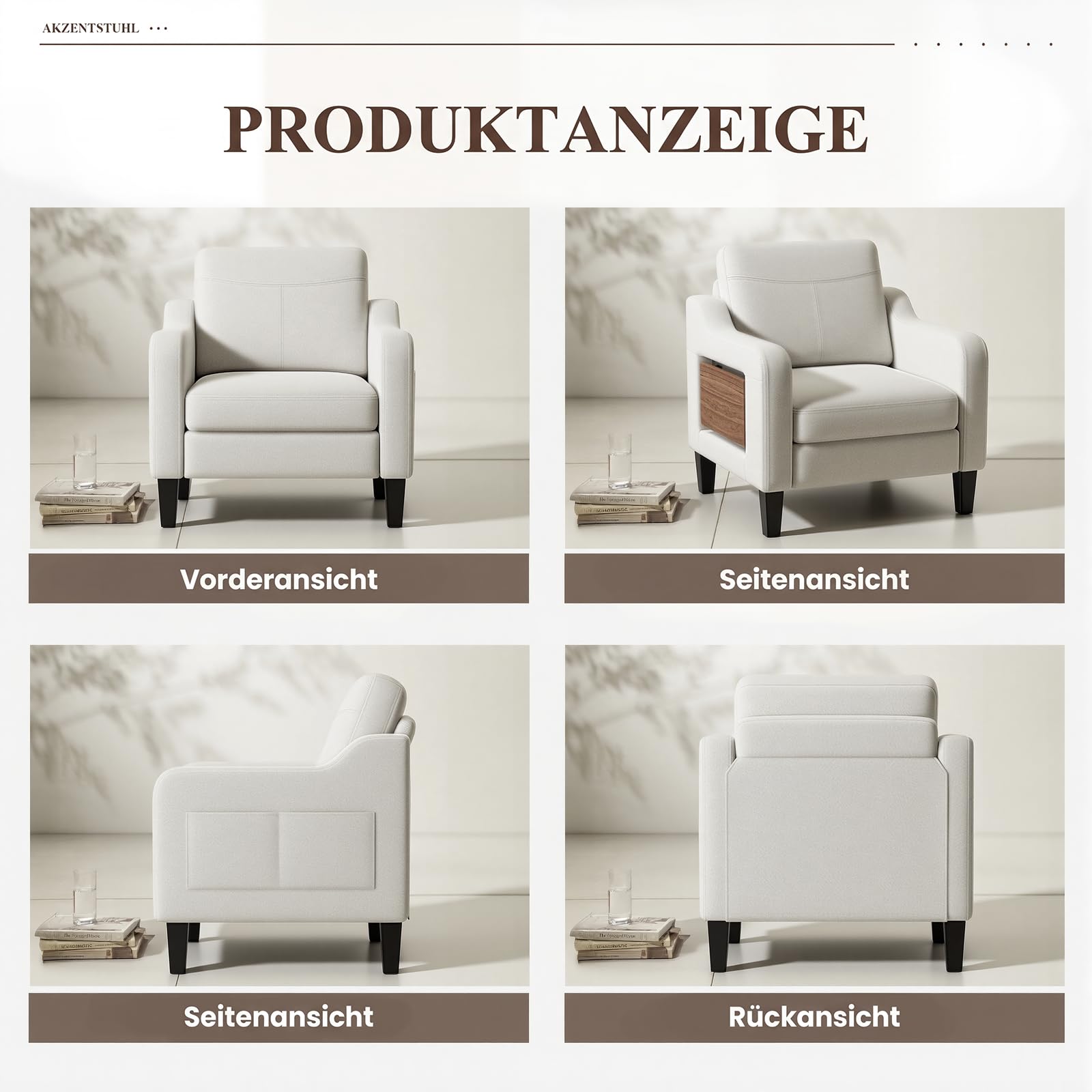 MALOL Sessel Wohnzimmer, Ohrensessel Wohnzimmer mit Ausklappbarer Holzseitentisch, Polstersessel mit Armlehnen Einzelsofa, Relaxsessel，Lesesessel für Wohnzimmer Büro Schlafzimmer, Beige