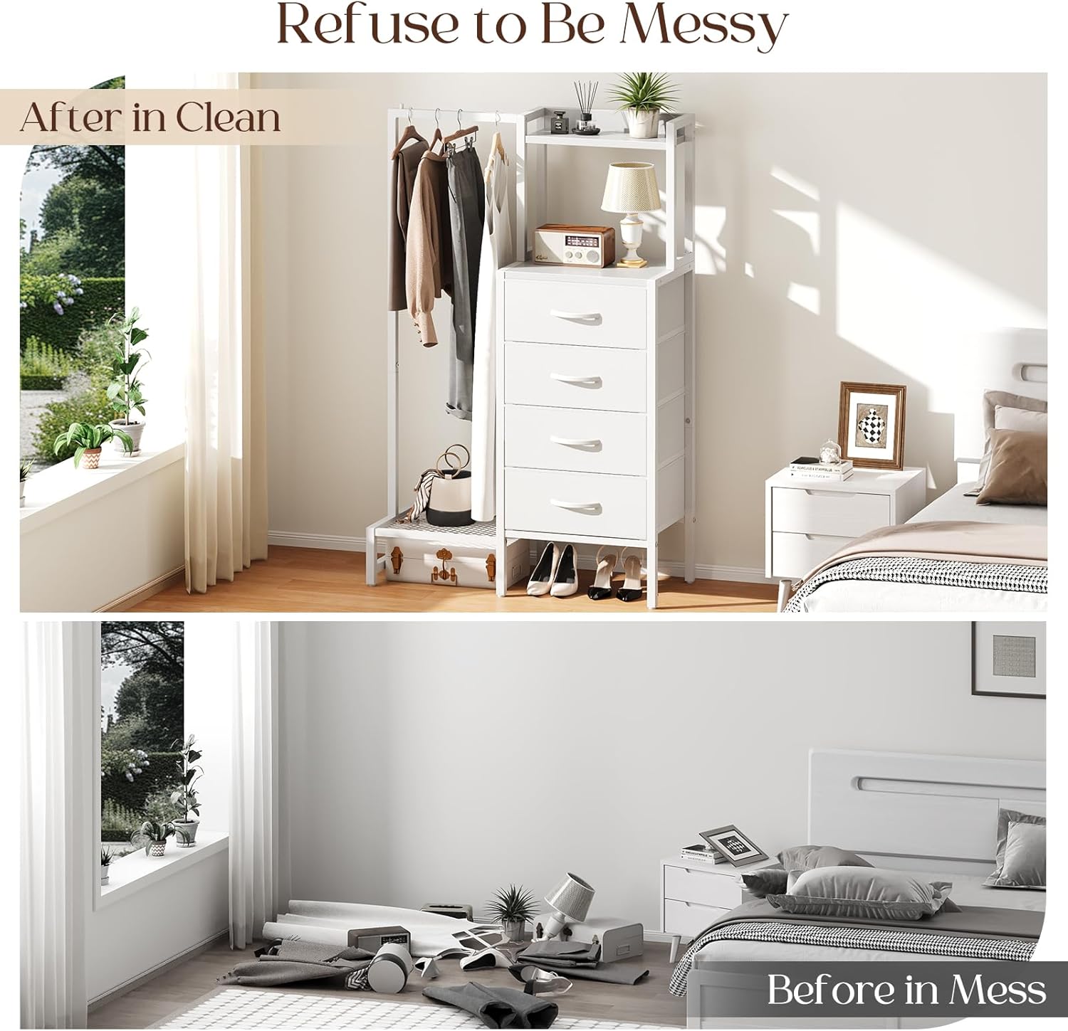 Yoobure White Dresser with Hanging Rack - Small Dresser for Bedroom with 4 Drawers, 44'H Chest of Drawers, Reversible Kids Dressers with Storage Shelf, Closet Dressers with Clothes Rack, Sturdy Frame - Image 7