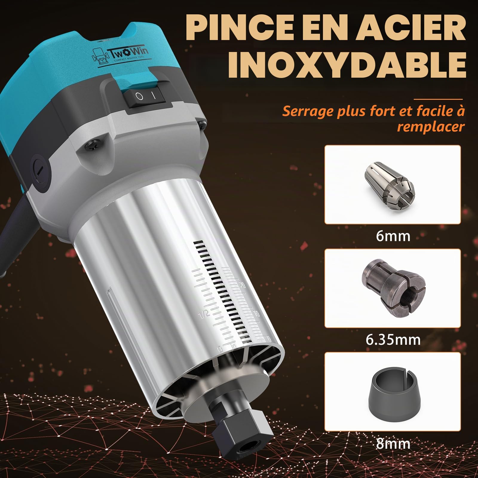 TWOWIN Outil de défonceuse à bois, 6,5 A, 1,25 CV, outil de défonceuse à bois portable, défonceuse compacte pour le travail du bois, 6 vitesses variables, base fixe, outil de travail du bois avec