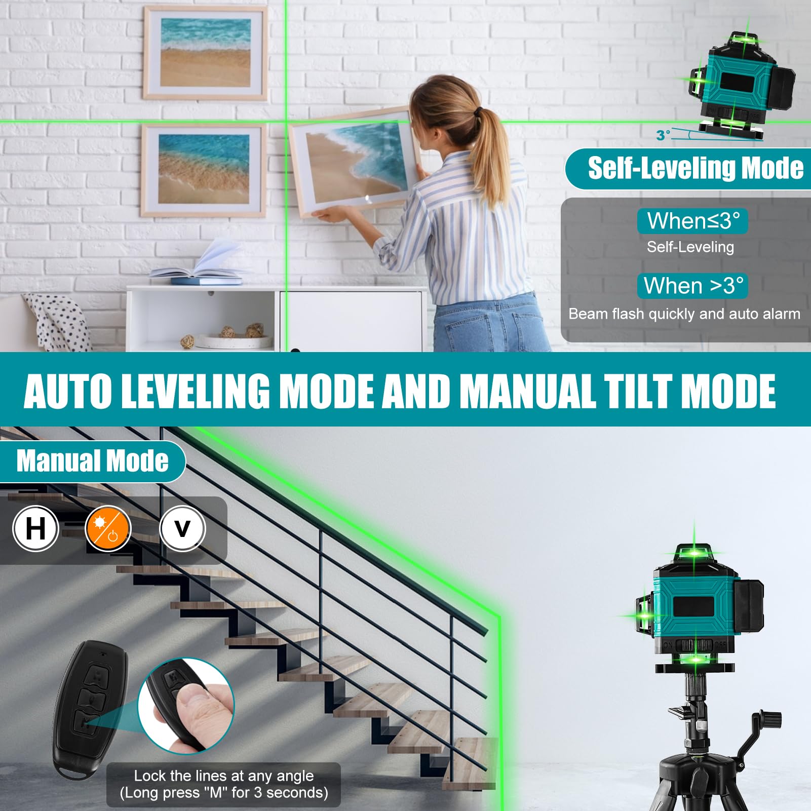 Livella Laser Autolivellante 360 Rotante, 4D 16 Linee Livello Laser con 1,2M Treppiede Regolabile, Visibile e Preciso, per Immagini Scaffali o DIY, 4,8Ah Batteria Ricaricabile(Verde e Nero)