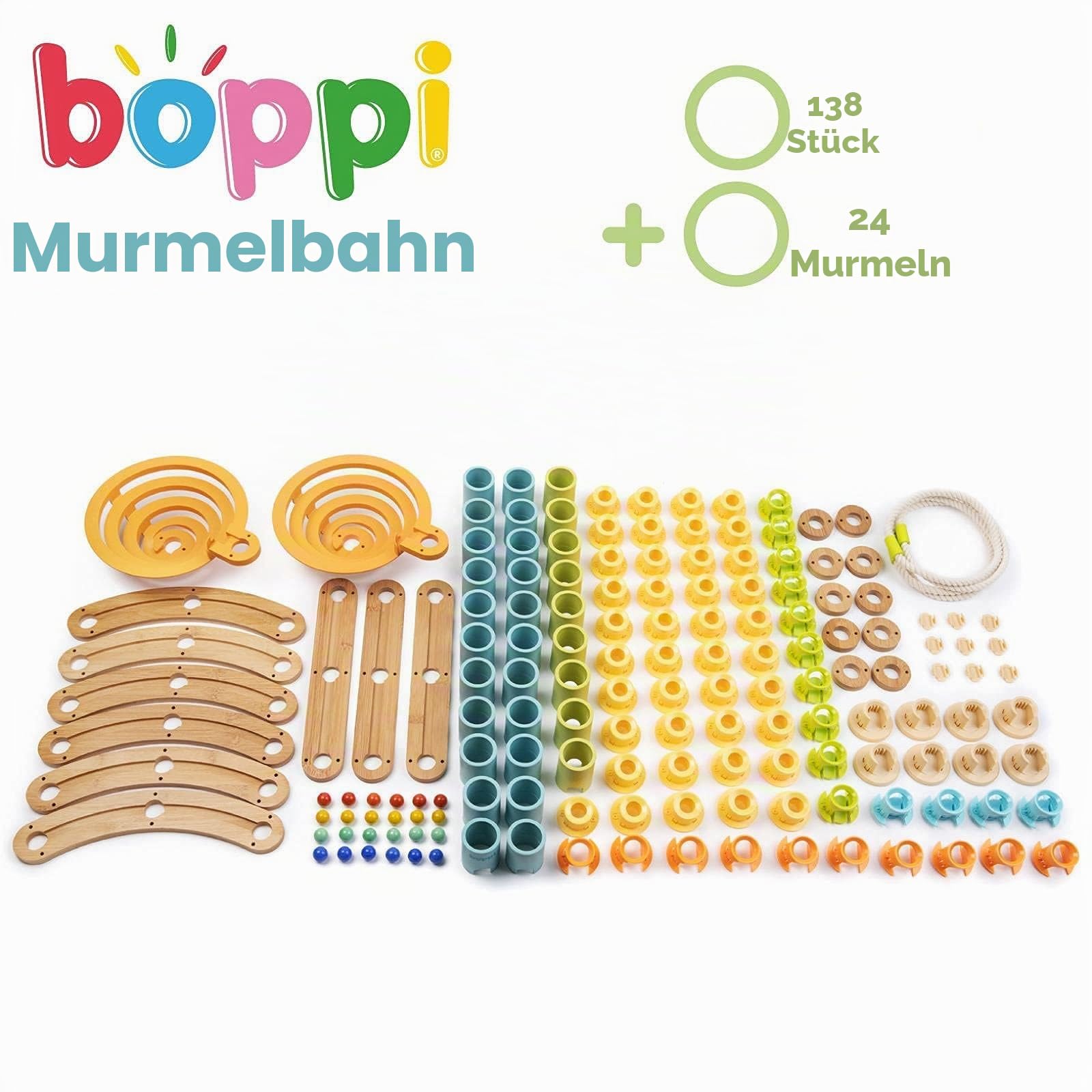 boppi Murmelbahn umweltfreundlich 138 Stück Holz Bambus-Labyrinth für Kinder mit 24 Murmeln - Konstruktion STEM Spielzeug für Jungen und Mädchen ab 3 Jahren - Jumbo Packung