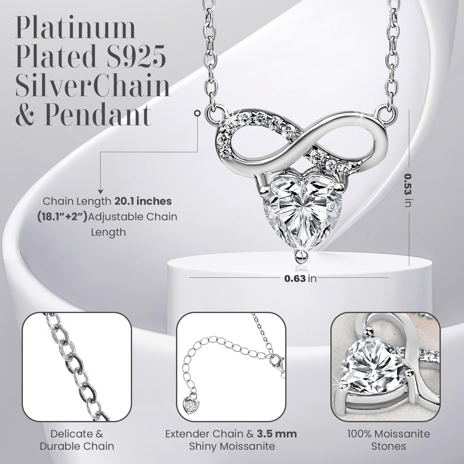 Valentines Day Moissanite Pendant Necklace for Women – 925 Sterling Silver Necklace for Women Heart Infinity Pendant, Dainty Silver Jewelry Gift Box for Mom Wife Girlfriend – Birthday Anniversary - Image 5