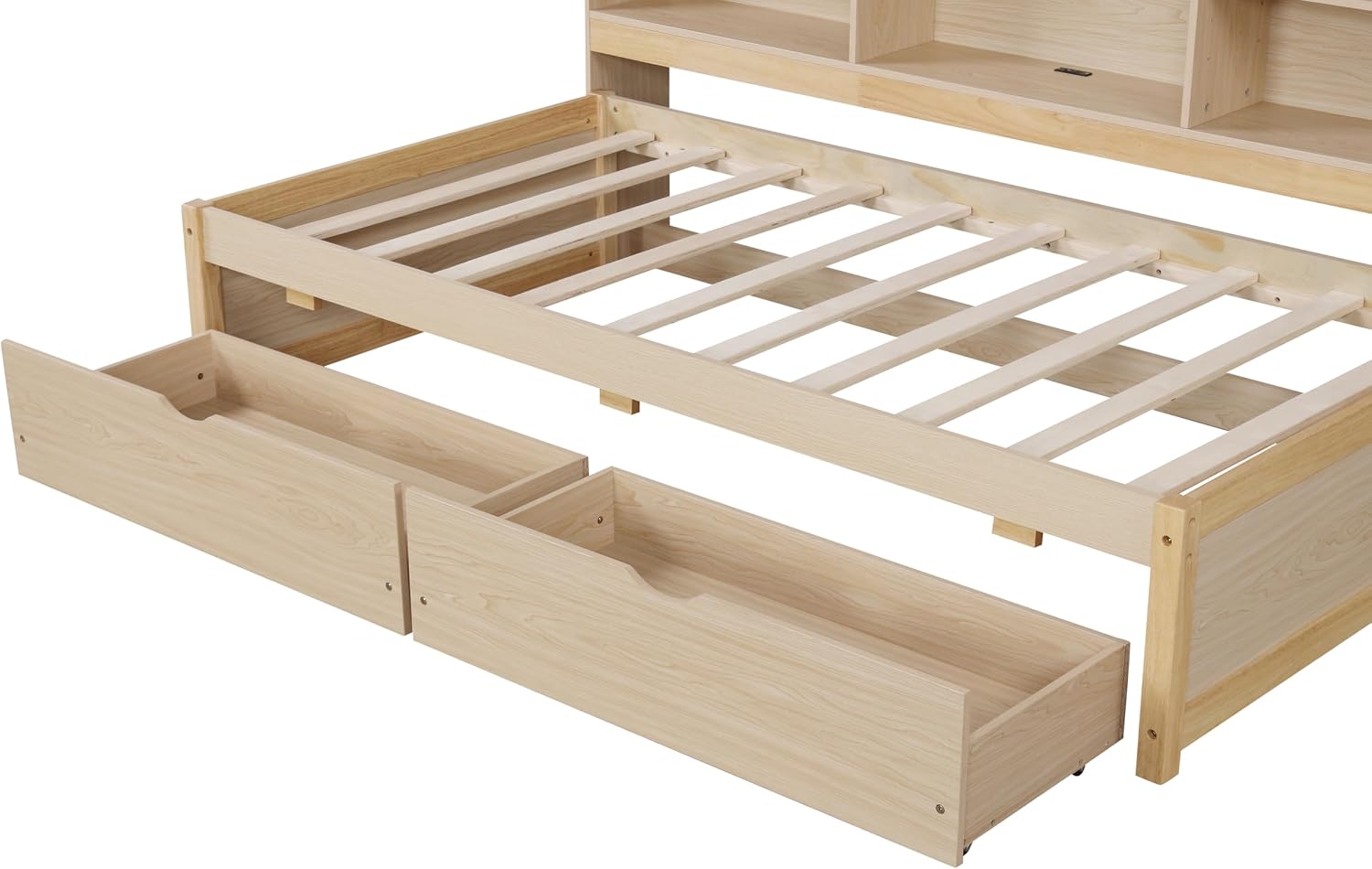 Bellemave Twin Bed Frame with Bookcase, Solid Wood Bed Frame with 2 Large Storage Drawers, Upholstered Platform Bed with Charging Station, Heavy Duty Daybed with Storage, No Box Spring Needed(Natural)