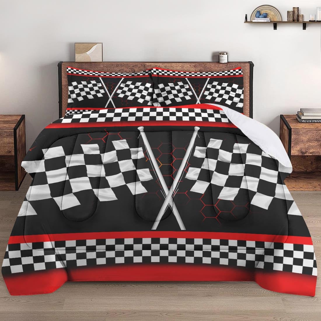 Comforter Set Twin Size with Pillowcase, Racing Car Auto Bedding Set for Kids and Adults, Race Checkered Sport Soft Comforter Set for Bedroom Bed Decor