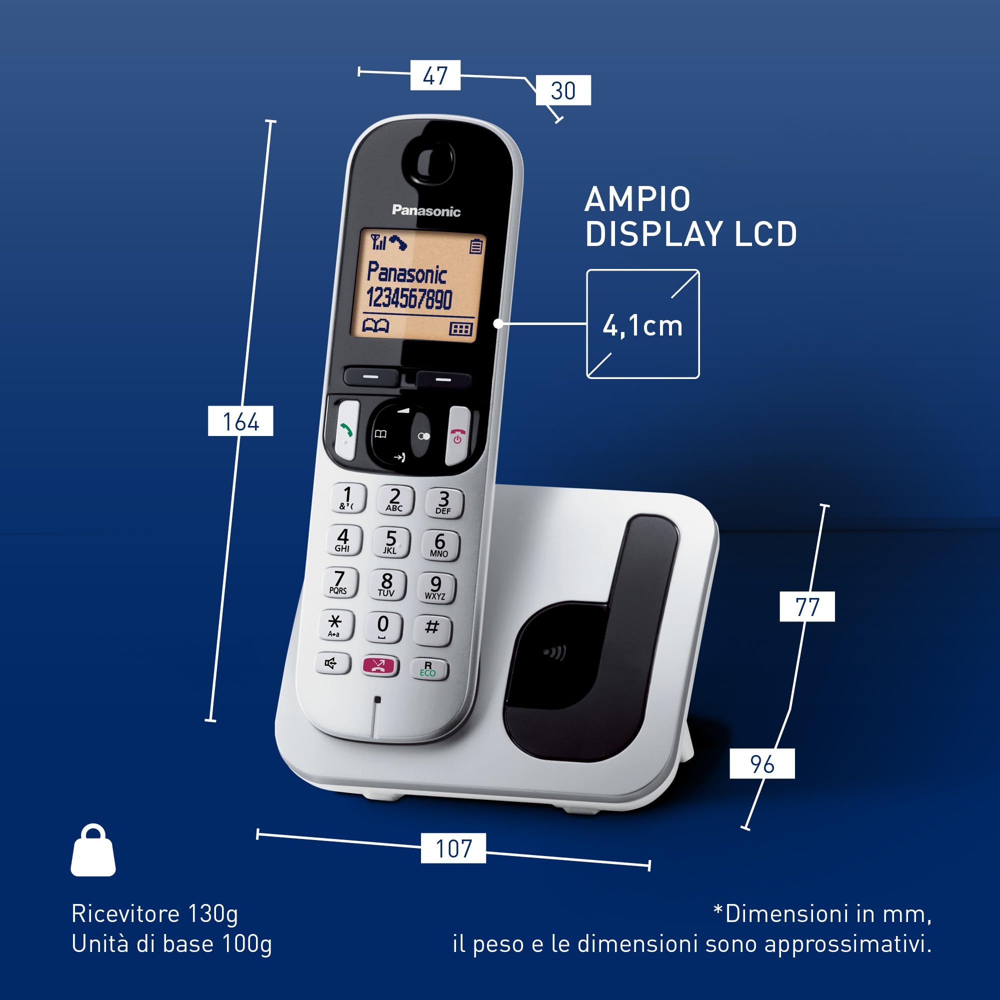 Panasonic KX-TGC250JTS Telefono Cordless Digitale, Unità Base e Ricevitore Singolo, ID Chiamante, Blocco Chiamate Indesiderate, Vivavoce, Modalità Eco One Touch, Sveglia Evoluta, Display LCD, Argento