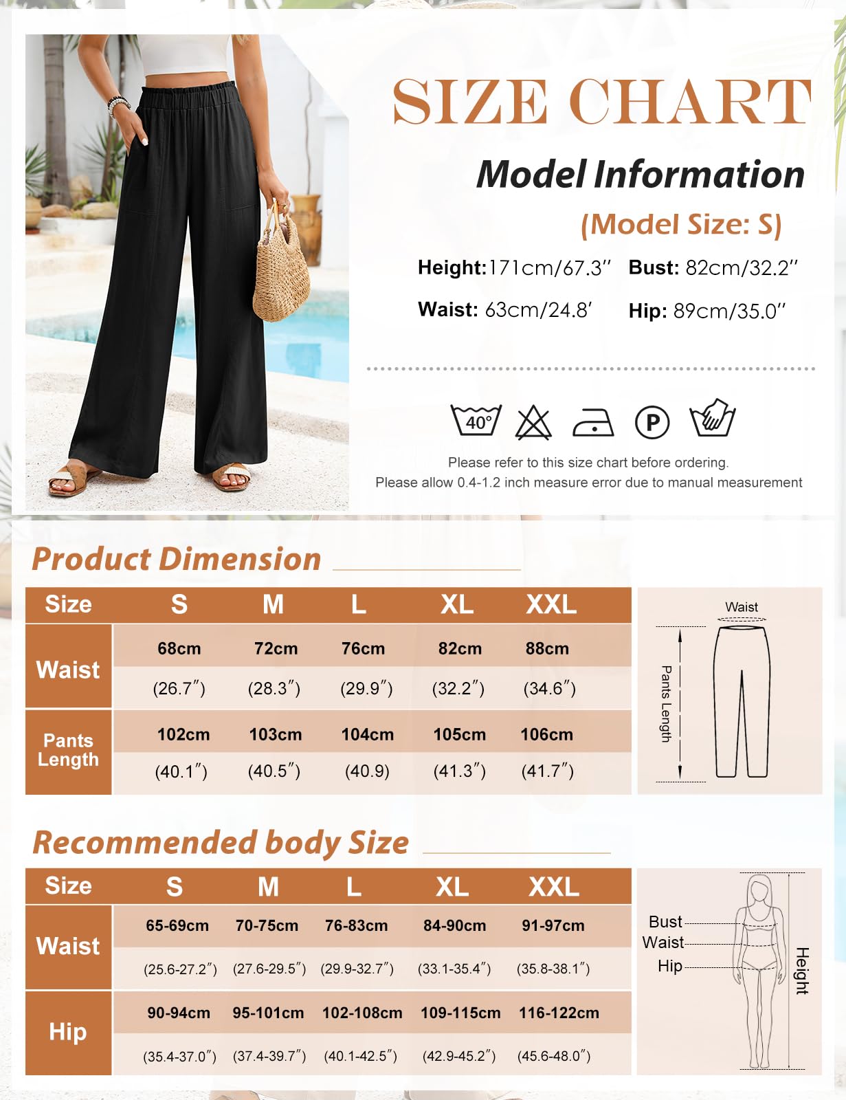 Niwicee Pantalones Lino Mujer Verano Anchos Cintura Alta Elásticos Largos Pierna Ancha Casuales Ligeros con Bolsillos