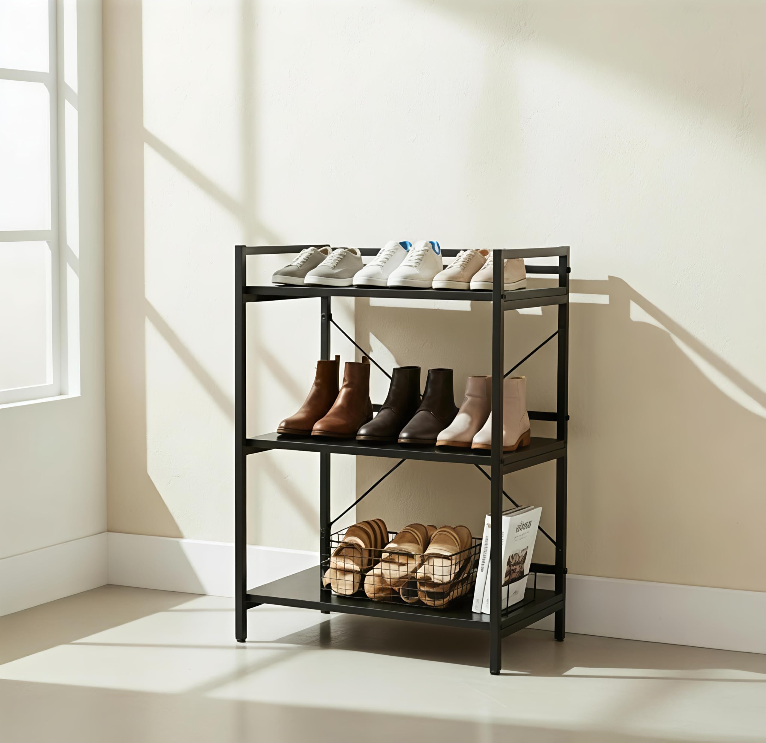 3-Tier Storage Stand with Black Frame and Black Wood Shelves | Metal & Wood Heavy-Duty Multipurpose Organizer Rack for Home, Kitchen, Living Room & Office | 60 x 40 x 90 cm.