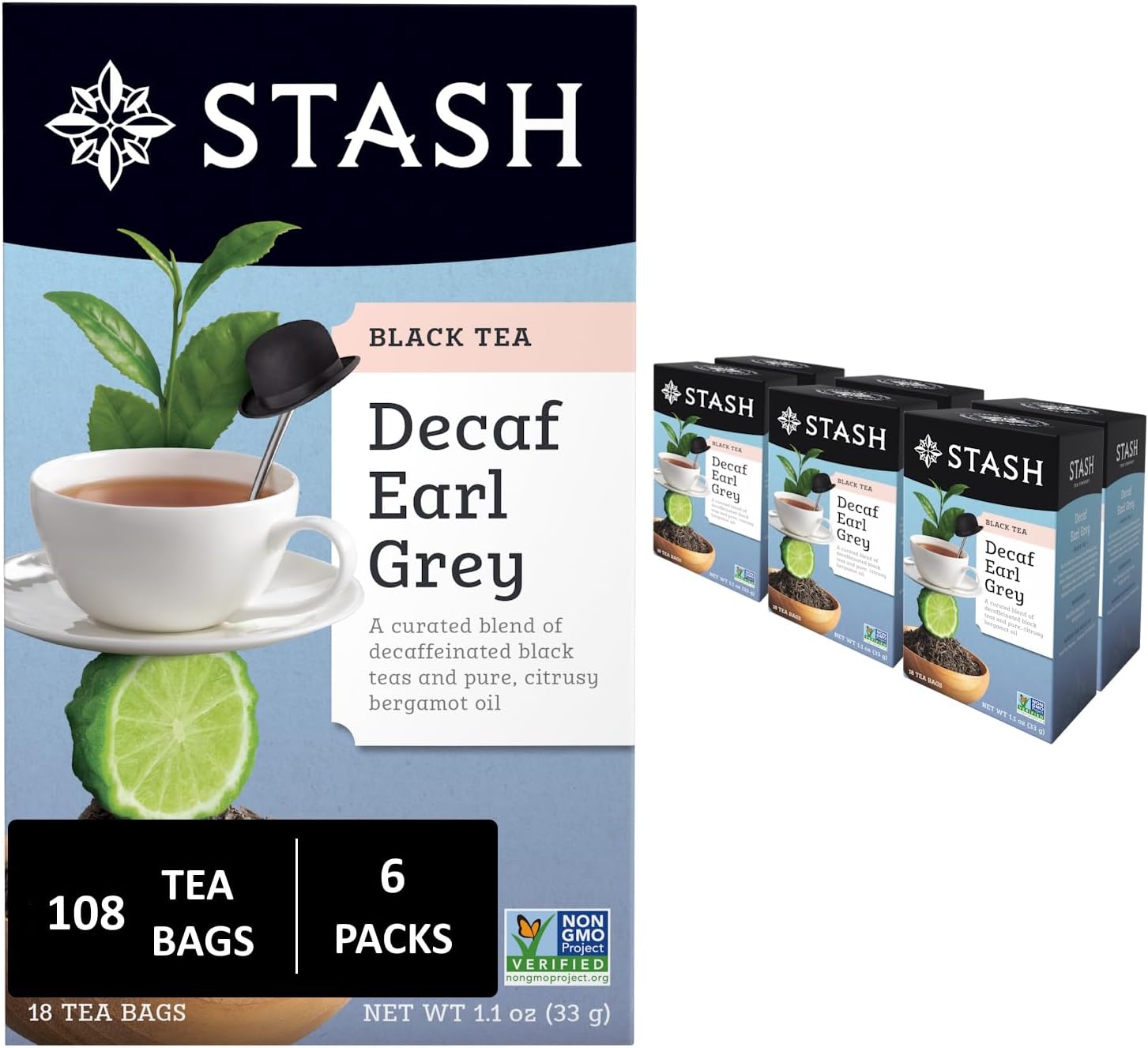 Stash Tea Decaf Earl Grey Black Tea - Decaf, Non-GMO Project Verified Premium Tea with No Artificial Ingredients, 18 Count (Pack of 6) - 108 Bags Total
