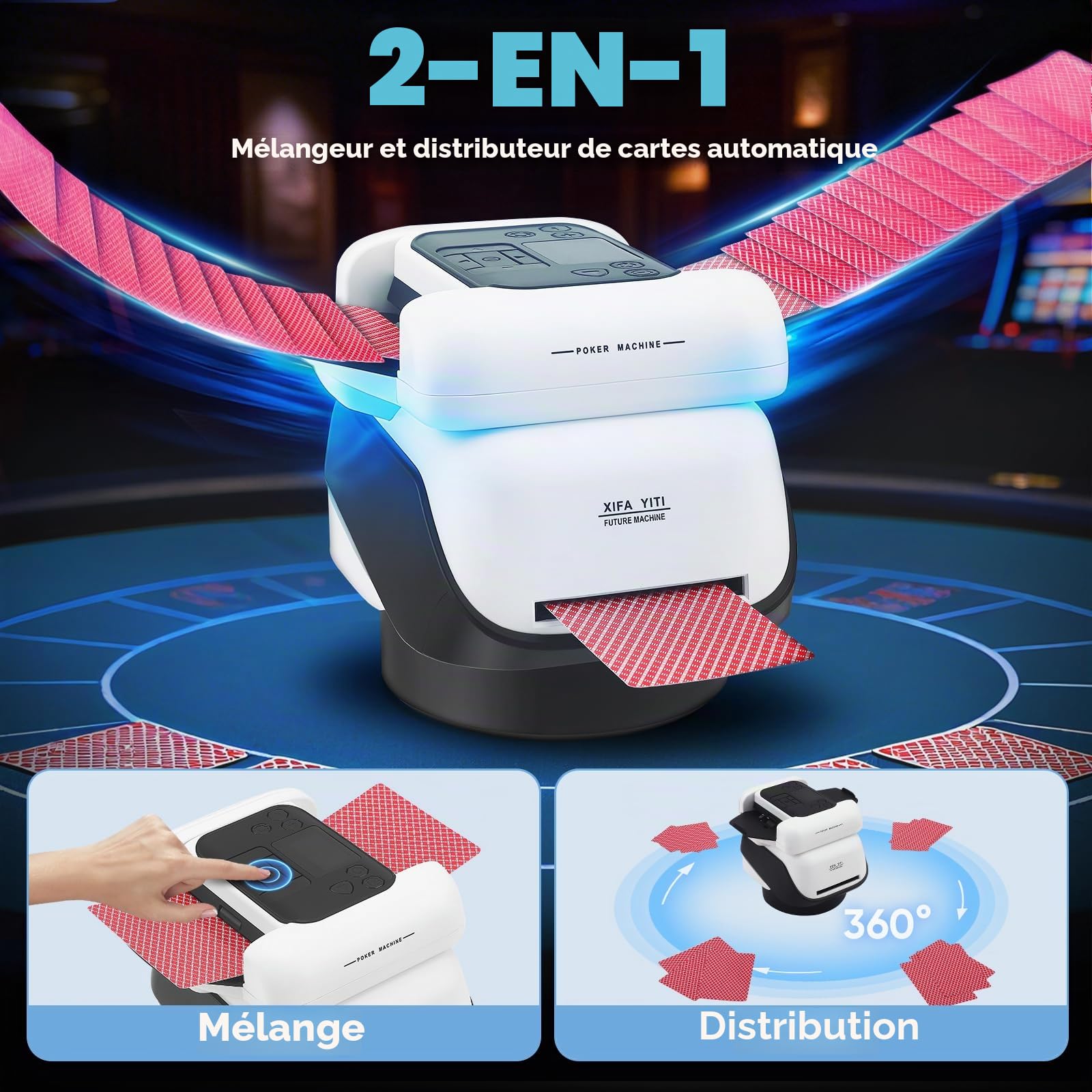 Mélangeur de cartes automatique 2-en-1 et machine à distribuer pour 2-8 joueurs, rotation à 360 degrés, dés intégrés, batterie 5000mAh, 5 modes de jeu pour Texas Hold'em et Blackjack (2-EN-1