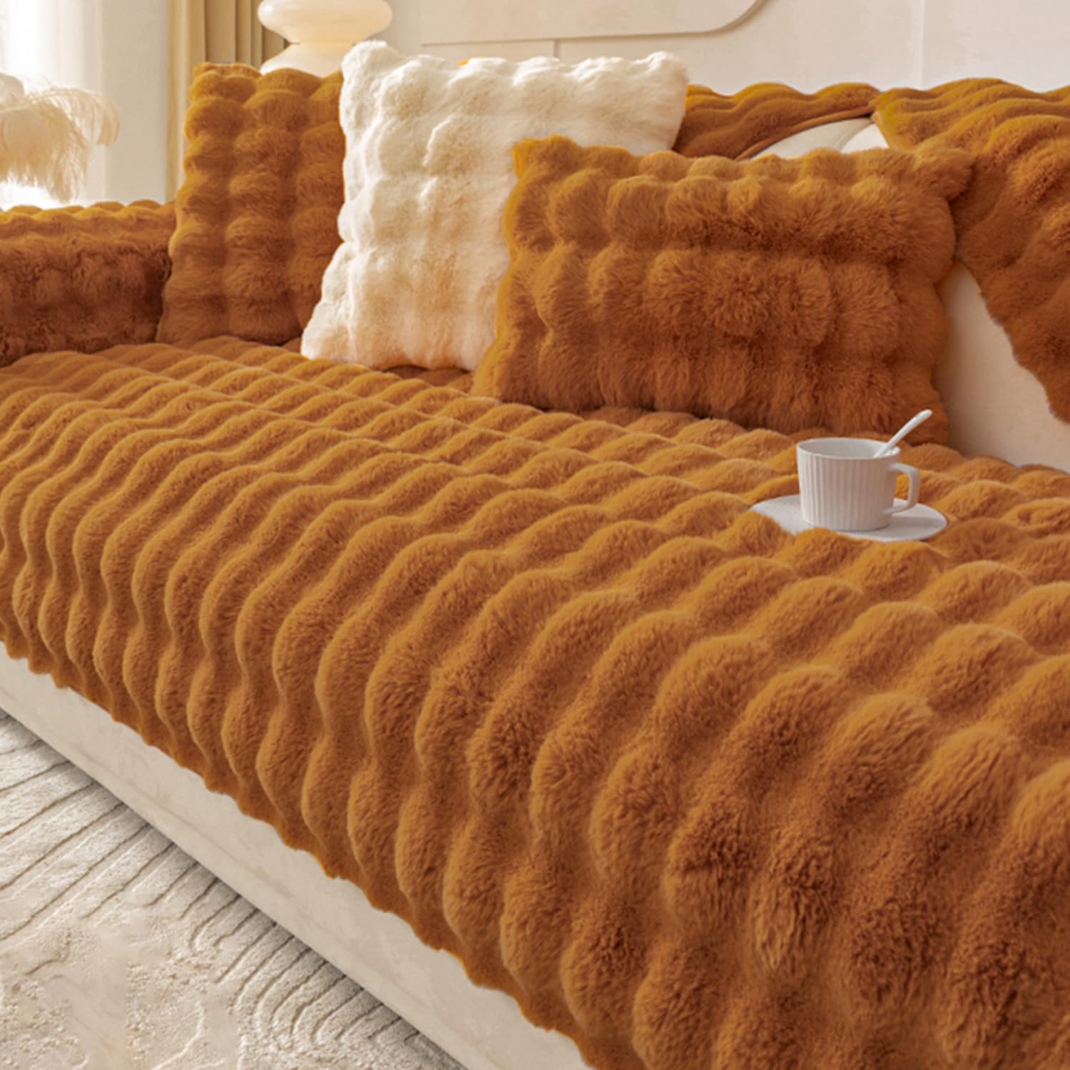 RZYW Sofa Slipcover Cozy Plush Solid Color Non-Slip Couch Cover, Rabbit Plush Couch Covers 3/2/4/1 Seater, Washable L Shape Adjustable Sofa Covers,A16,110 * 210cm