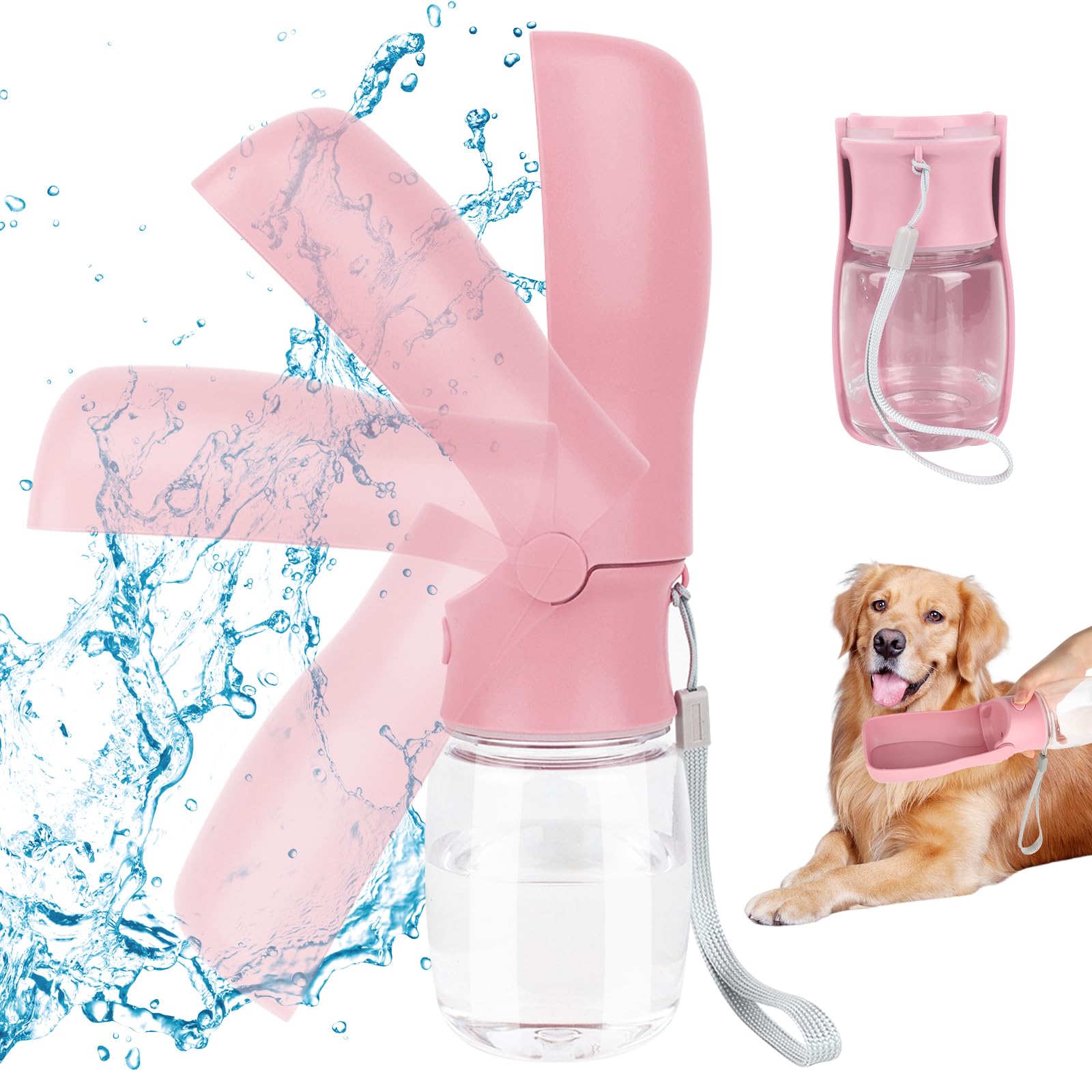Botella de Agua para Mascotas, 180° Plegable Botellas de Agua para Perro Gato, Bebedero Perro Portatil, Botella Agua a Prueba de Fugas, Libre de BPA para Acampar, Senderismo (Rosa, 350ML)