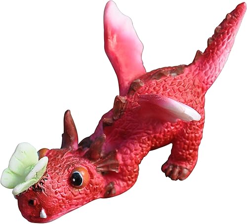 Top Collection Miniatura Jardín de Hadas y Terrario Mini Dragón Rojo Jugando con Figura de Mariposa