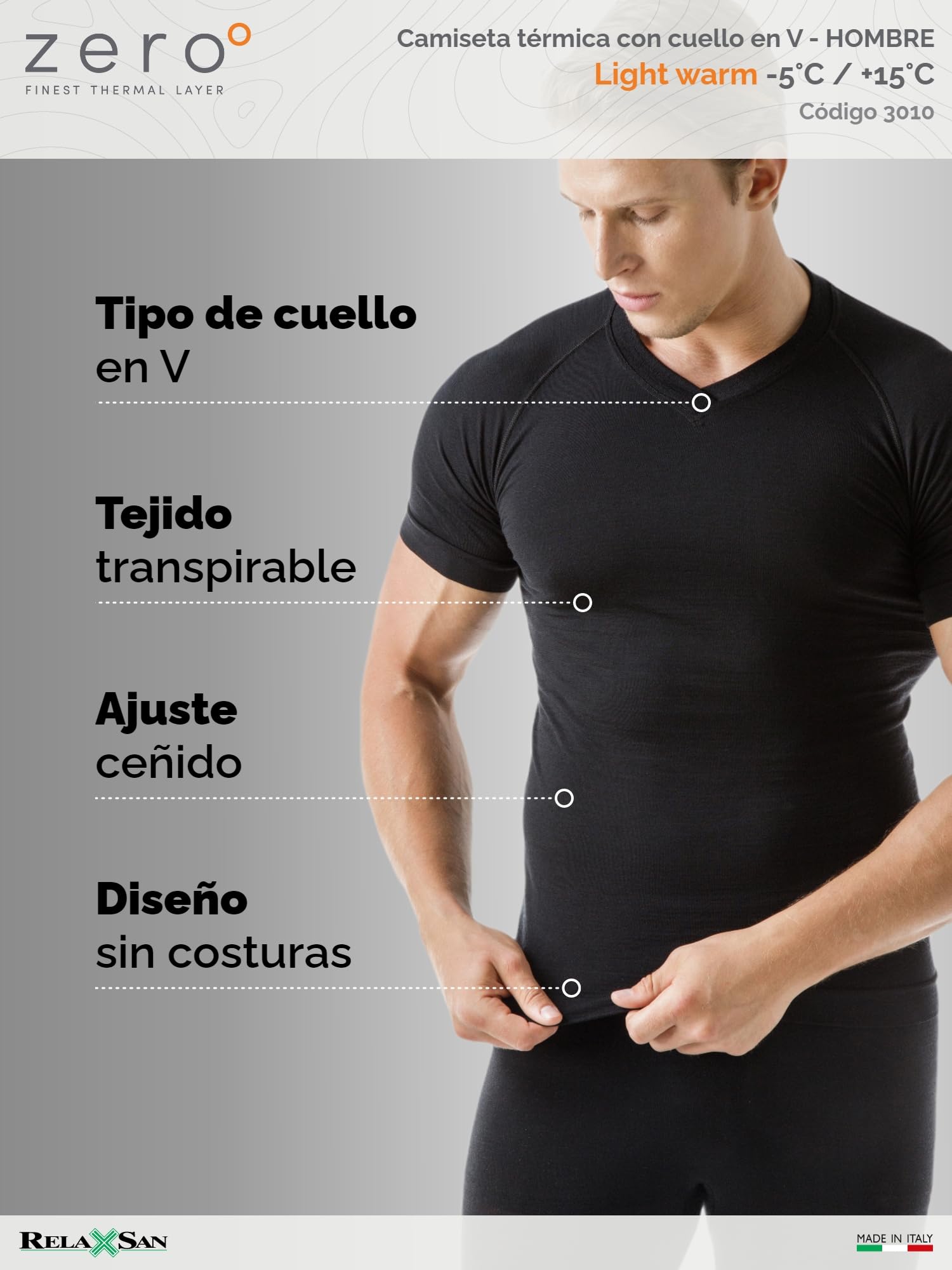 Relaxsan Zero 3010 – Camiseta Térmica Hombre Manga Corta Ropa Interior en Lana Merino y Fibra Dryarn