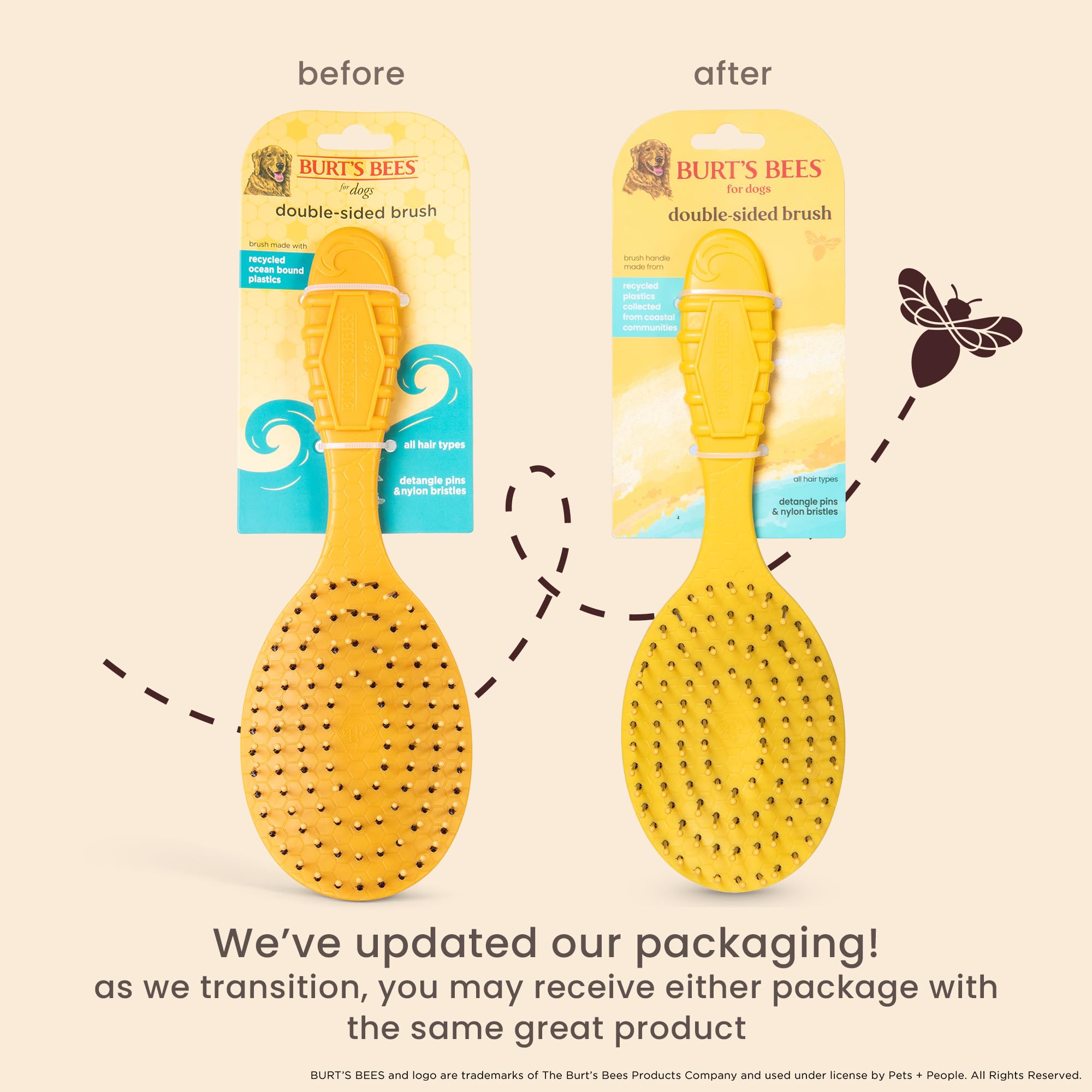 Burt's Bees Cepillo de doble cara para perros grandes con mango hecho de 100% plástico reciclado encuadernado al océano | Cepillo para perros 2 en 1 elimina enredos mientras suaviza la piel del perro