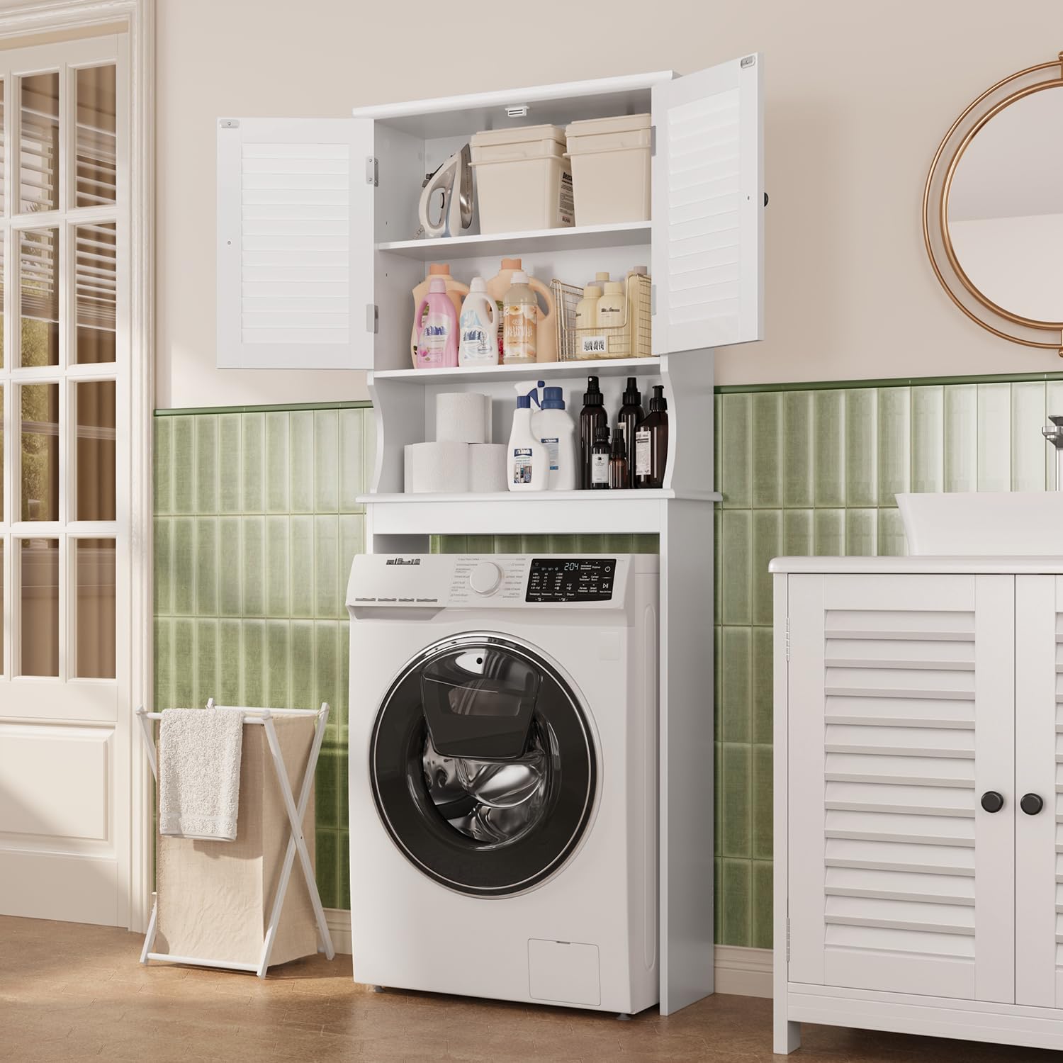 Xbro Waschmaschinenschrank für Waschmaschine und Wäschetrockner, Badezimmer Hochschrank Überbauschrank mit Türen, Toiletten Regal 65 x 22 x 163.5 cm, Weiß