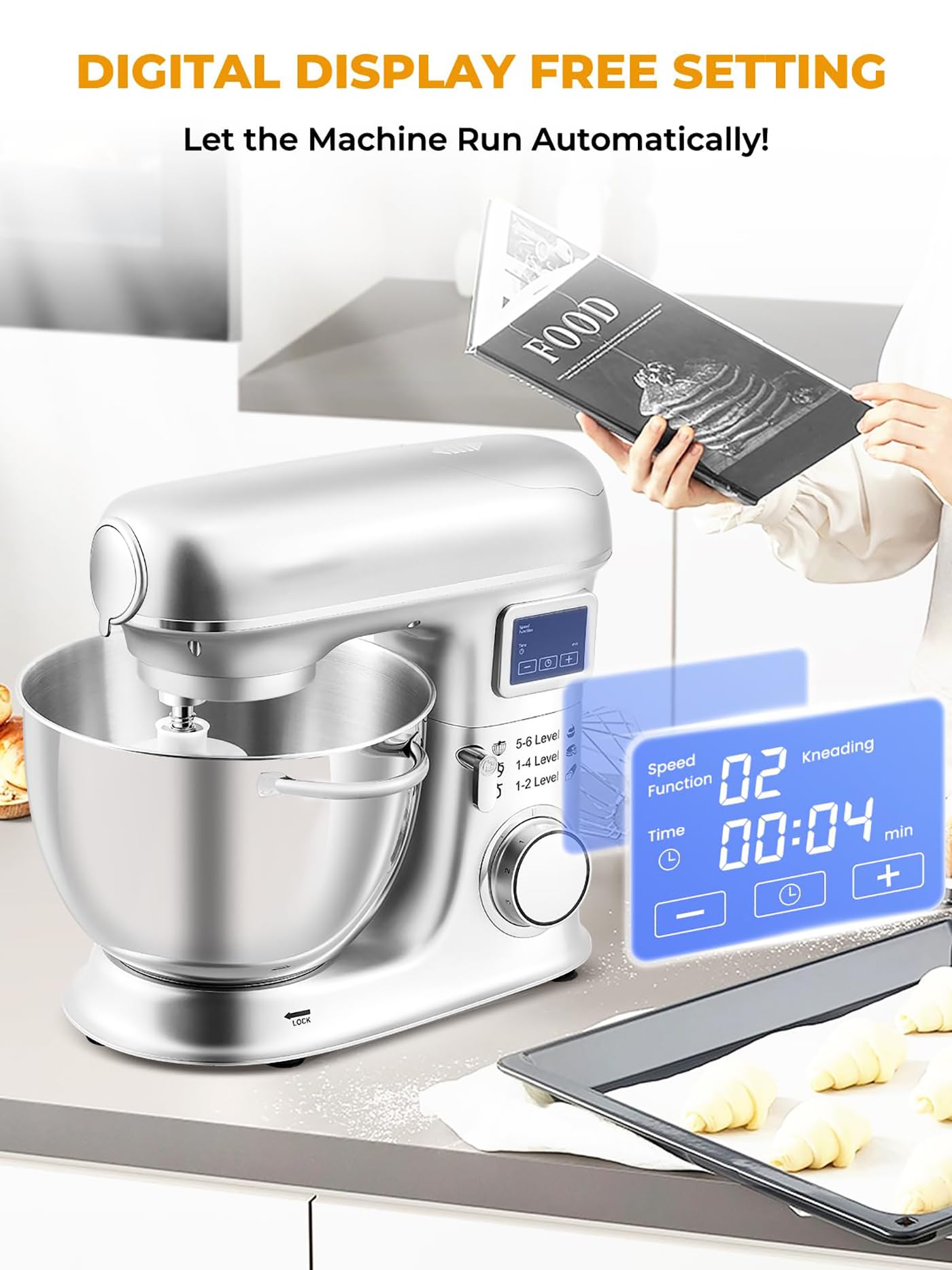 Impastatrice planetaria elettrica da cucina da 8 litri con display a LED, 6 velocità, testa inclinabile, ciotola in acciaio inox, tritacarne, gancio per impastare, frusta, accessorio per la