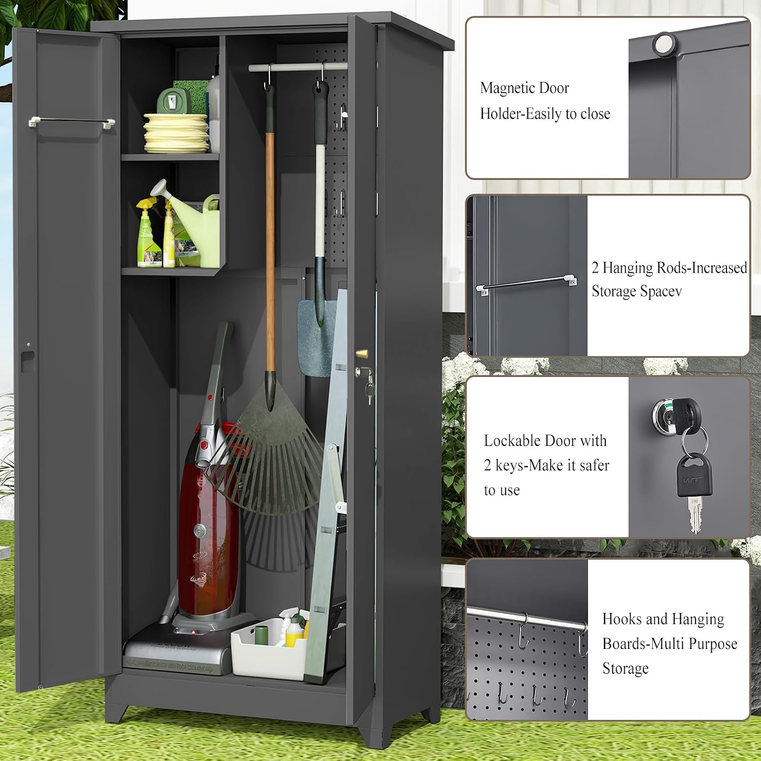 73''H Outdoor Storage Cabinet, Metal Garage Storage Cabinets with Doors and Shelves, Outdoor Broom Storage Cabinets, Waterproof Tool Shed for Patio Garden Backyard, Gray（15.4" D x 31.5" W ）